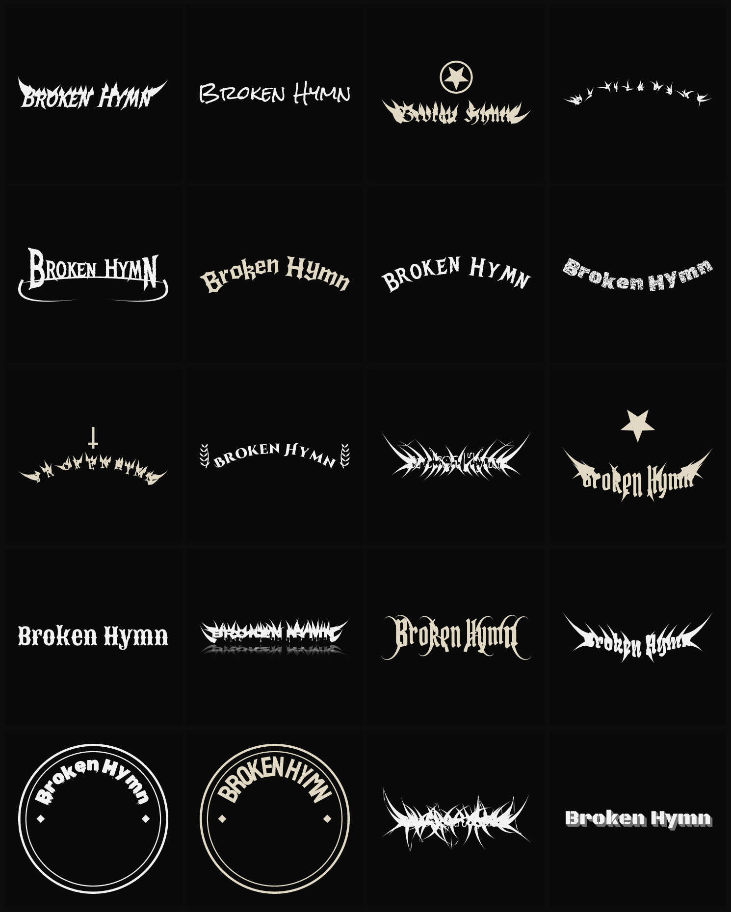 Twenty Broken Hymn band logo ideas — different faces, treatments and spike settings