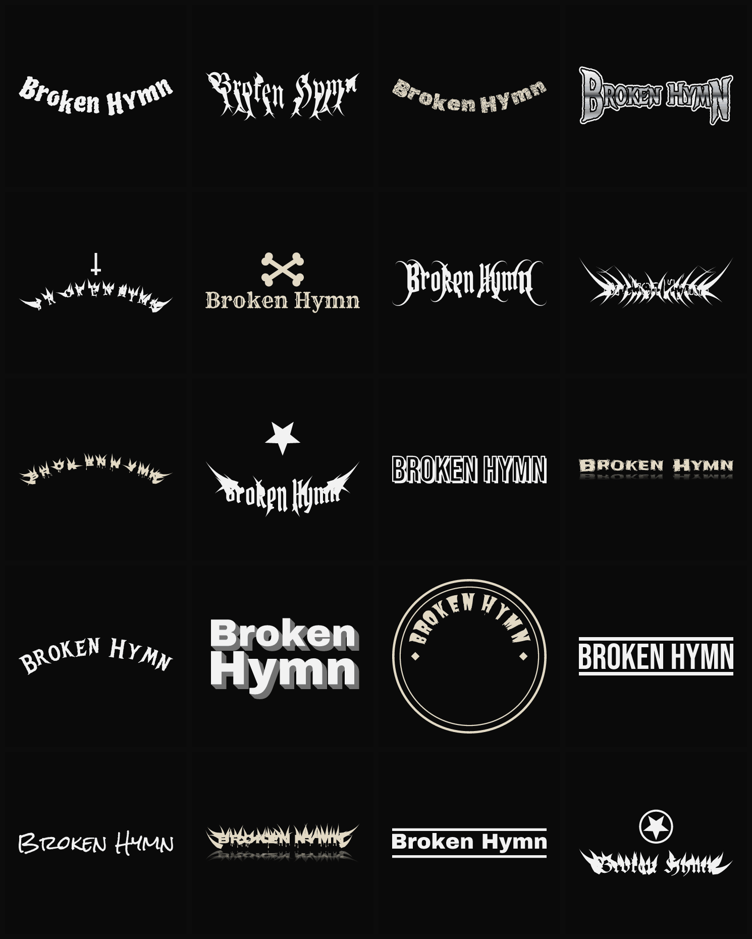 Twenty Broken Hymn band logo ideas — different faces, treatments and spike settings