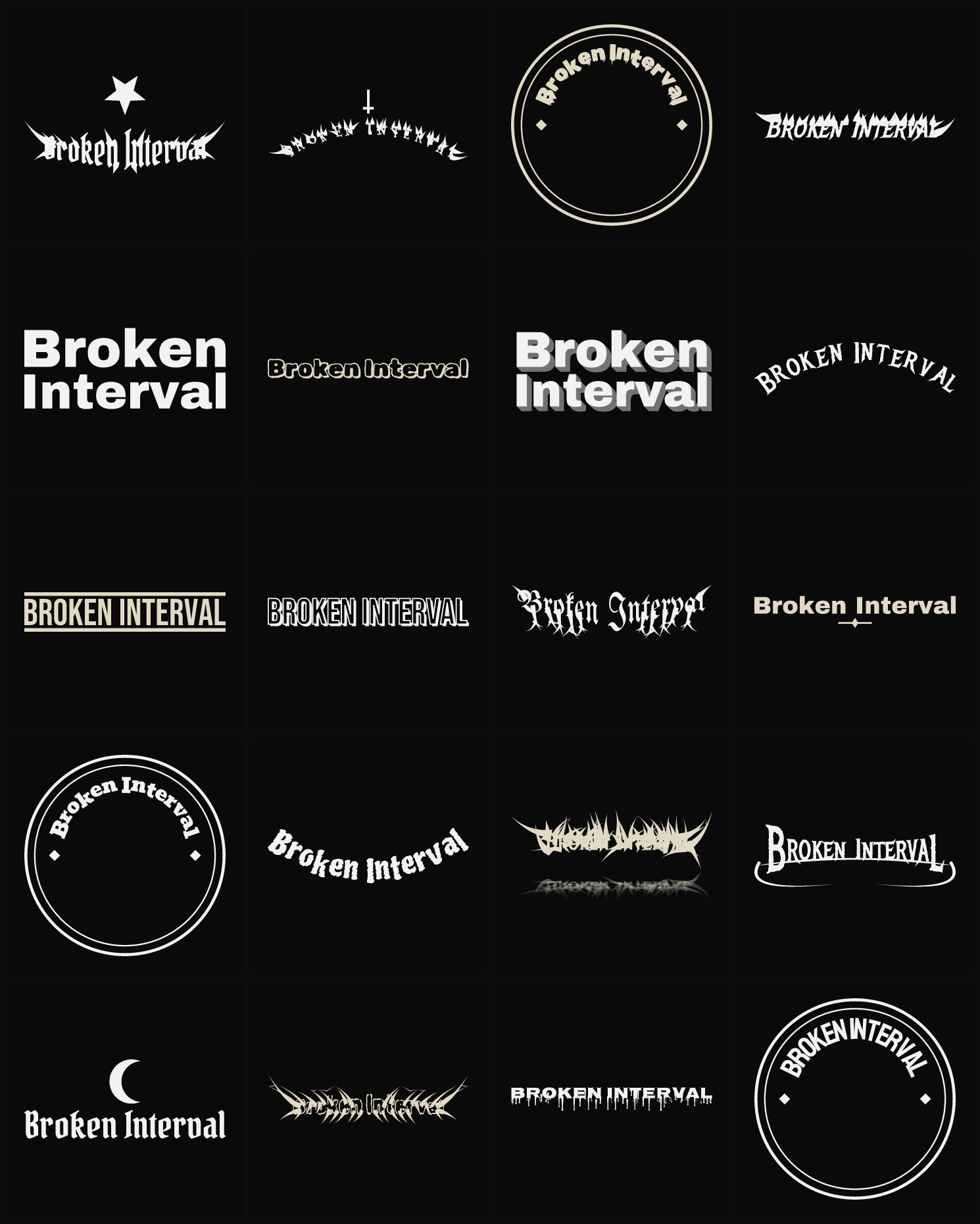 Twenty Broken Interval band logo ideas — different faces, treatments and spike settings