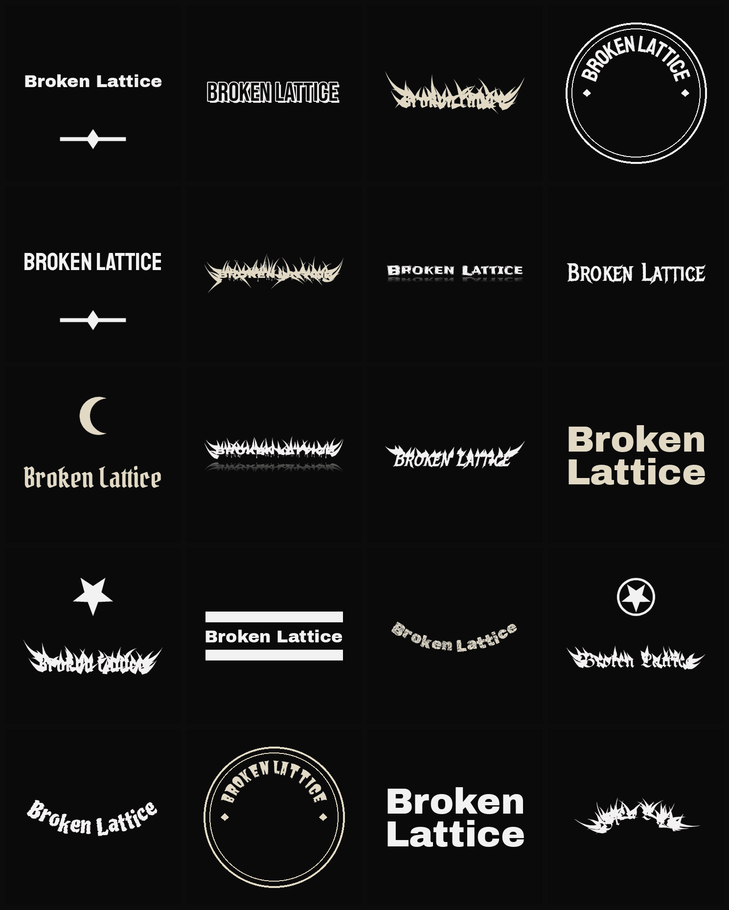 Twenty Broken Lattice band logo ideas — different faces, treatments and spike settings