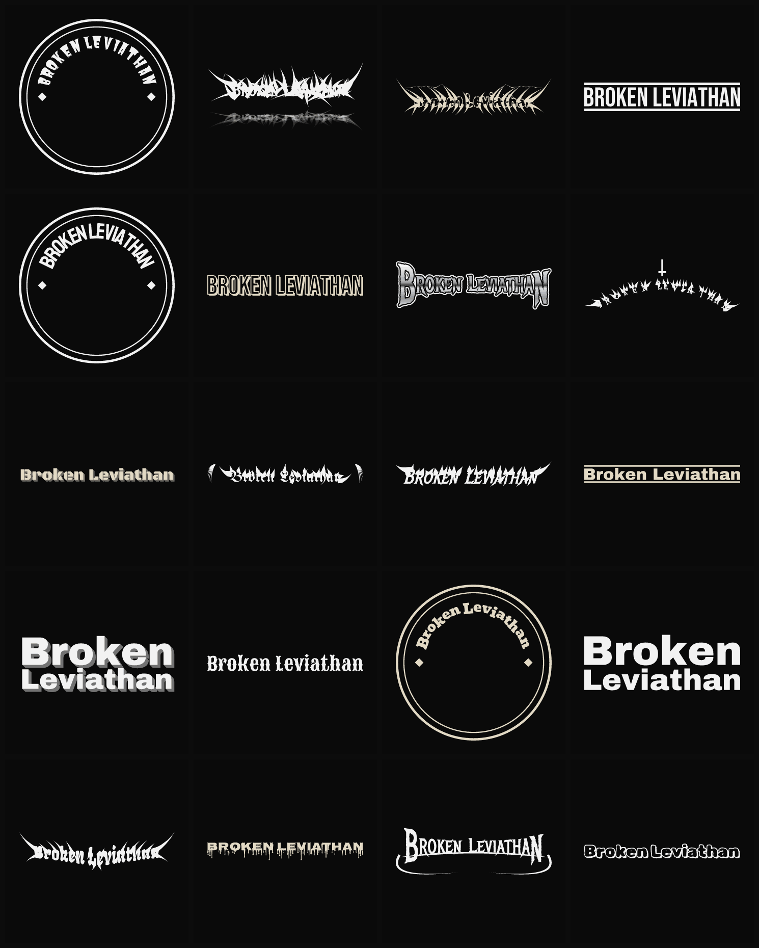 Twenty Broken Leviathan band logo ideas — different faces, treatments and spike settings