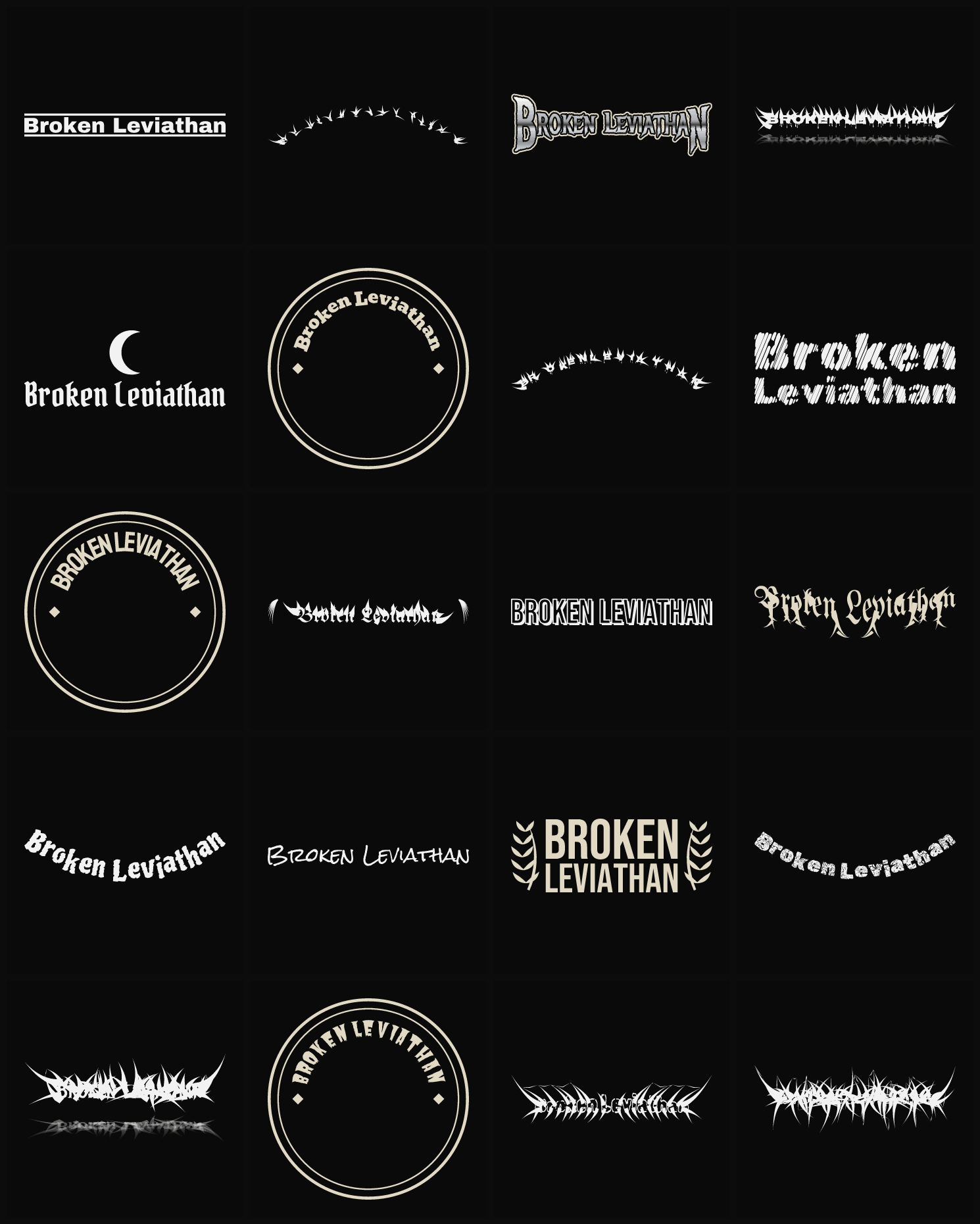 Twenty Broken Leviathan band logo ideas — different faces, treatments and spike settings