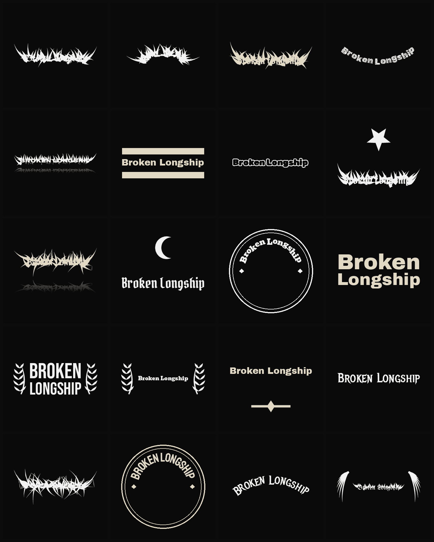 Twenty Broken Longship band logo ideas — different faces, treatments and spike settings