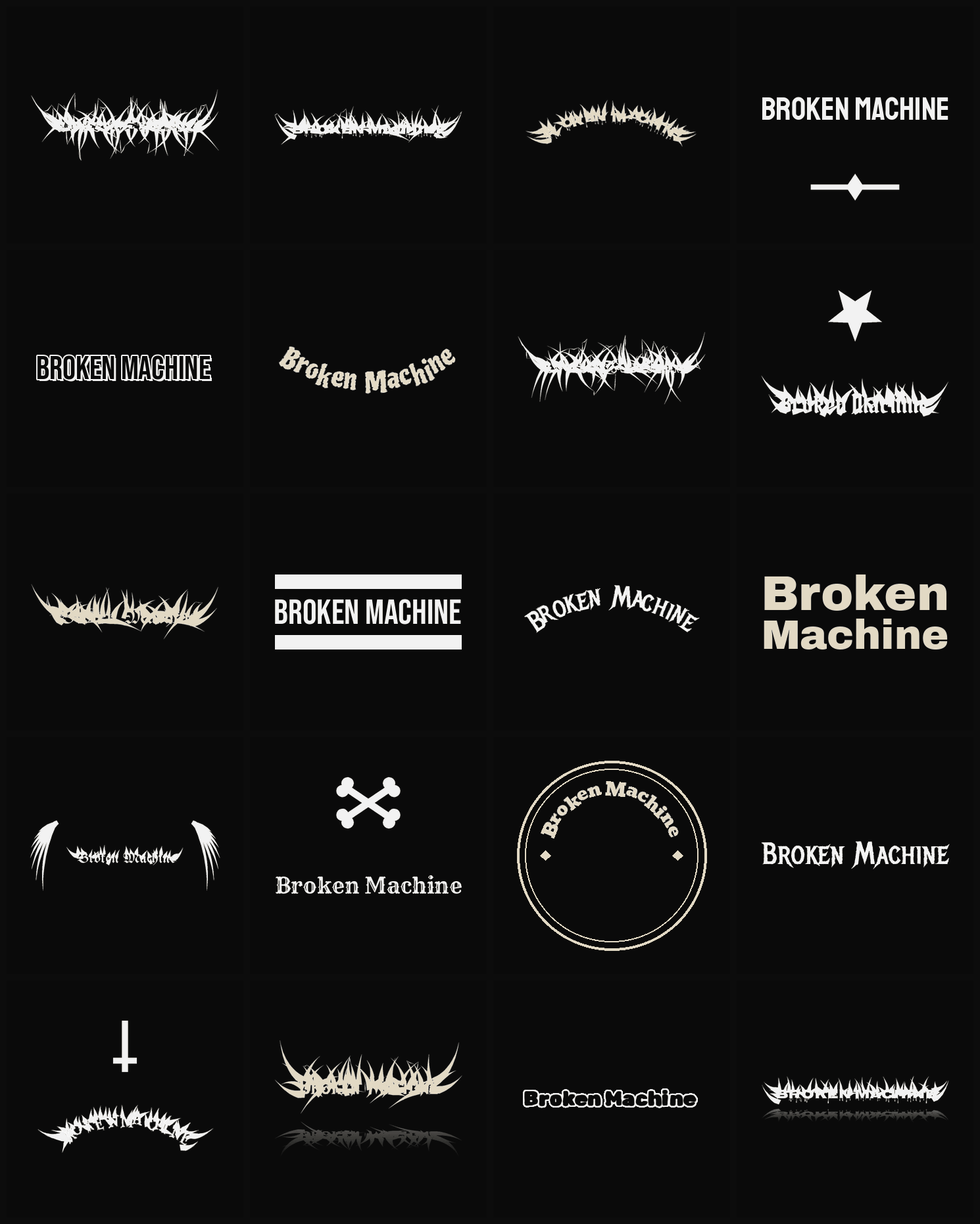 Twenty Broken Machine band logo ideas — different faces, treatments and spike settings