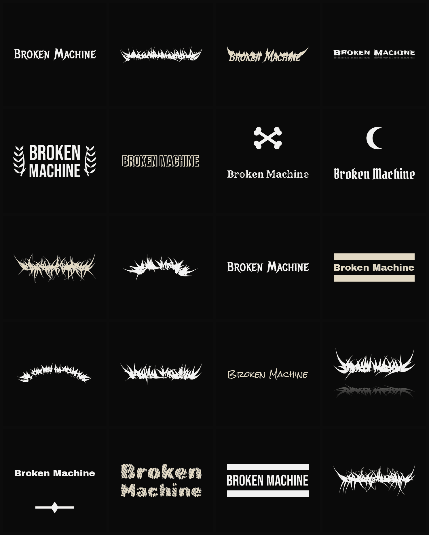 Twenty Broken Machine band logo ideas — different faces, treatments and spike settings