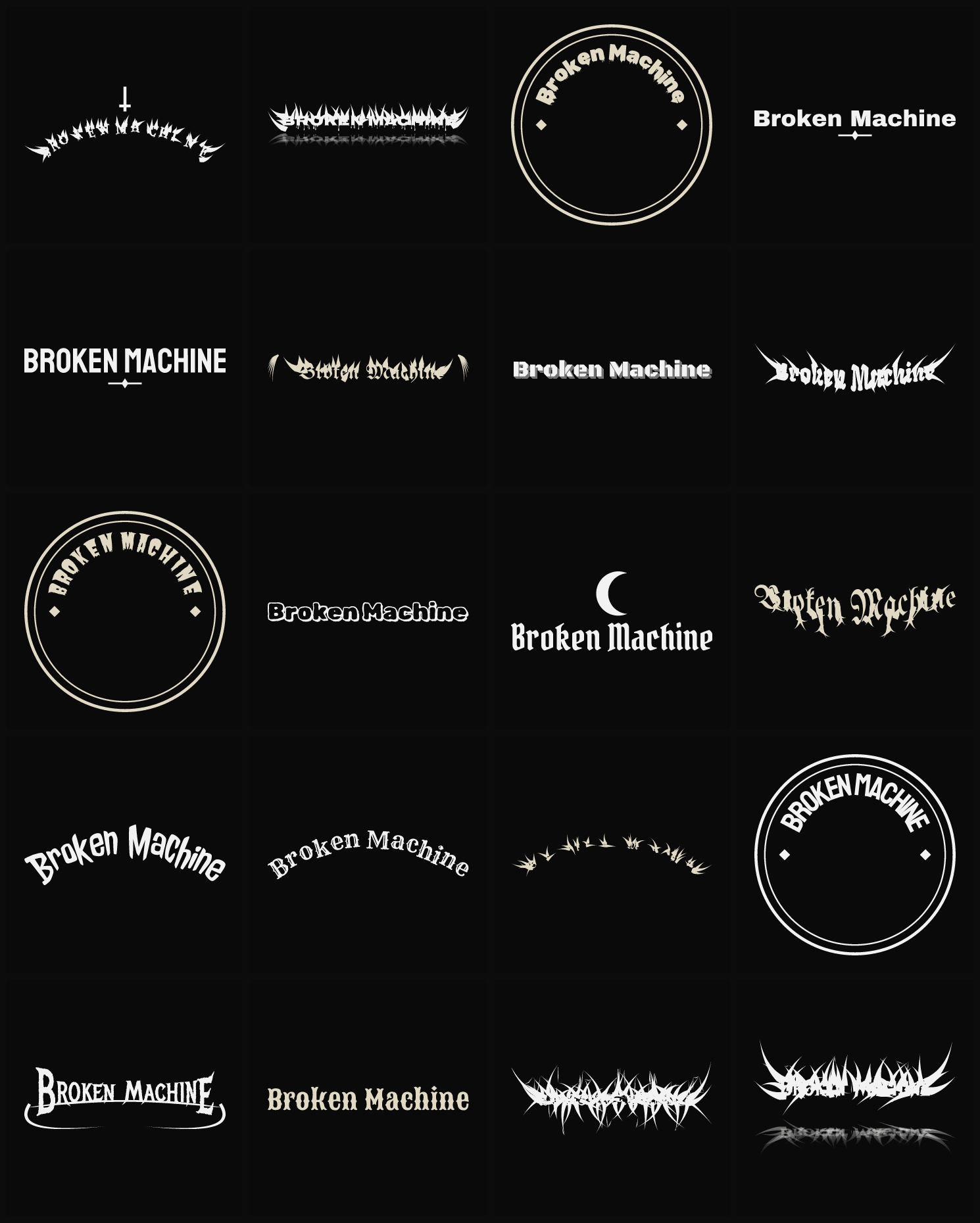 Twenty Broken Machine band logo ideas — different faces, treatments and spike settings