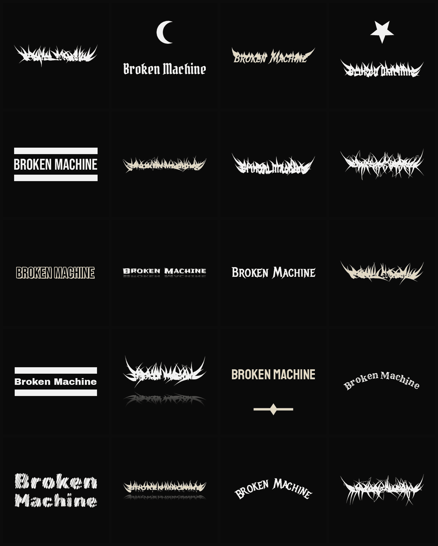 Twenty Broken Machine band logo ideas — different faces, treatments and spike settings