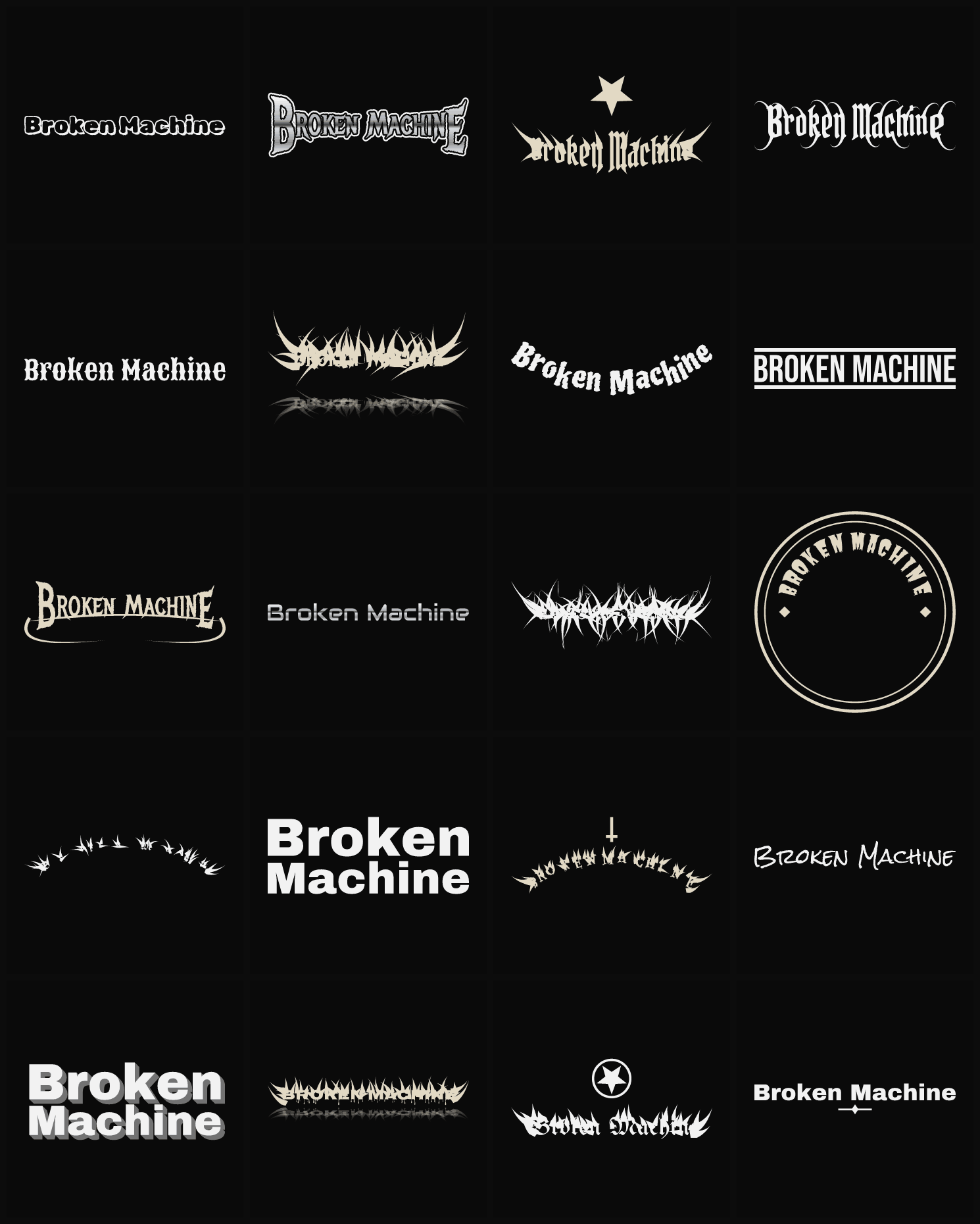 Twenty Broken Machine band logo ideas — different faces, treatments and spike settings