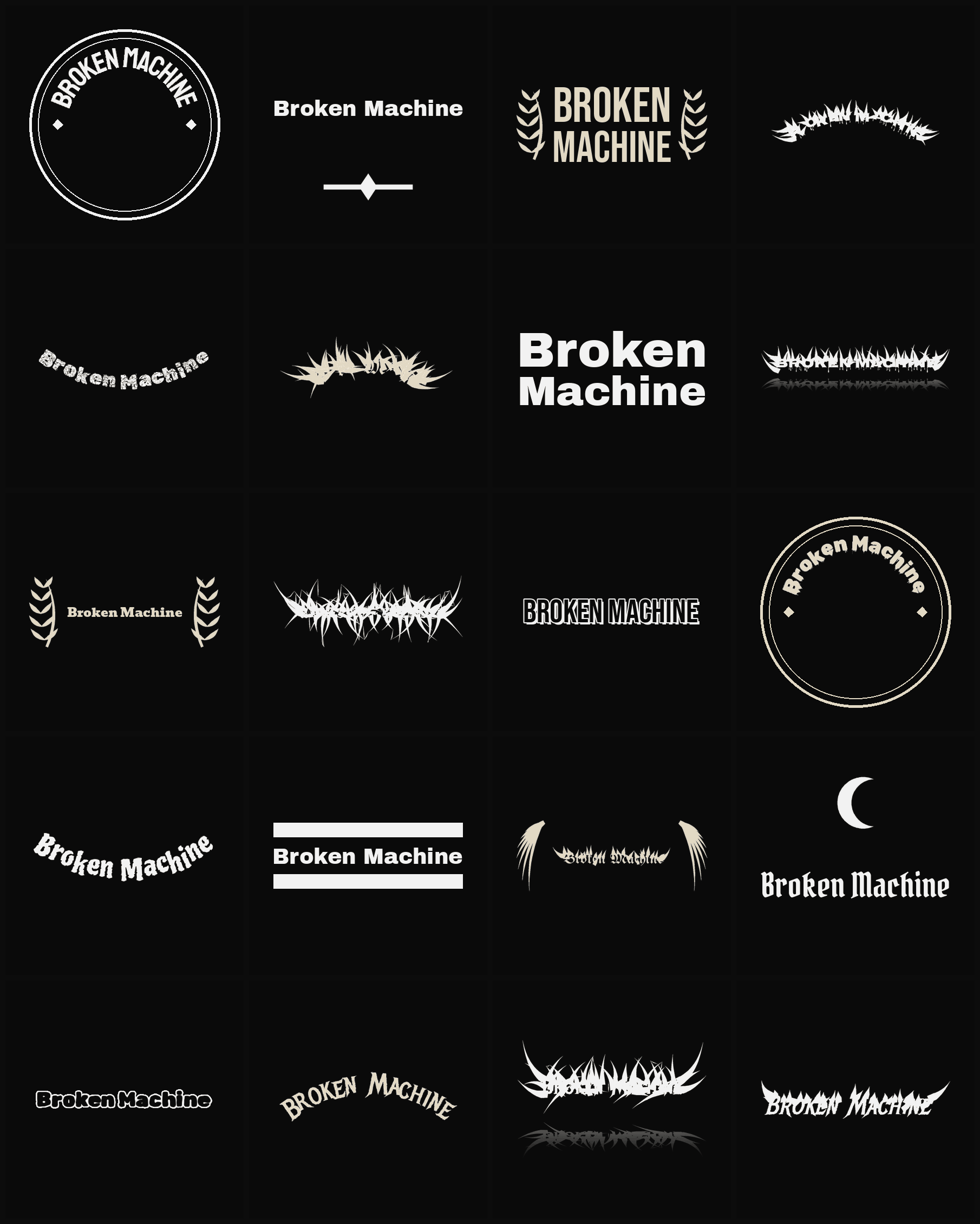 Twenty Broken Machine band logo ideas — different faces, treatments and spike settings