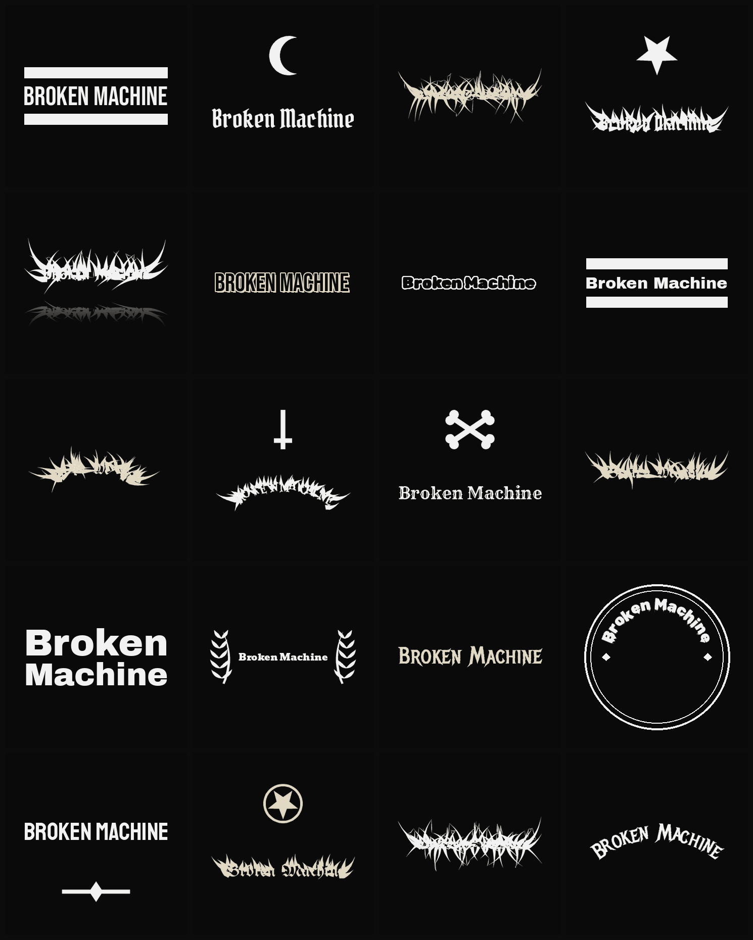 Twenty Broken Machine band logo ideas — different faces, treatments and spike settings