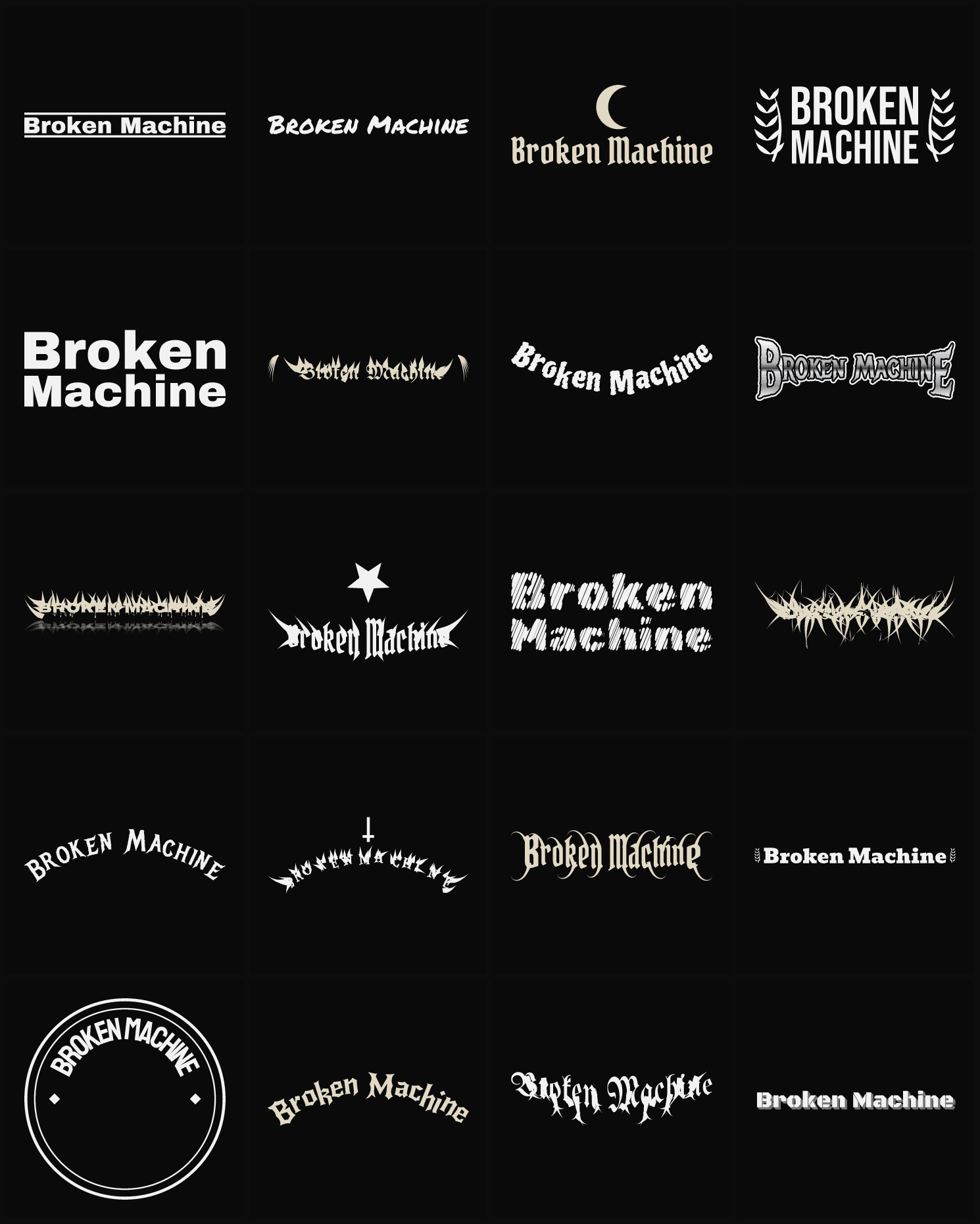 Twenty Broken Machine band logo ideas — different faces, treatments and spike settings