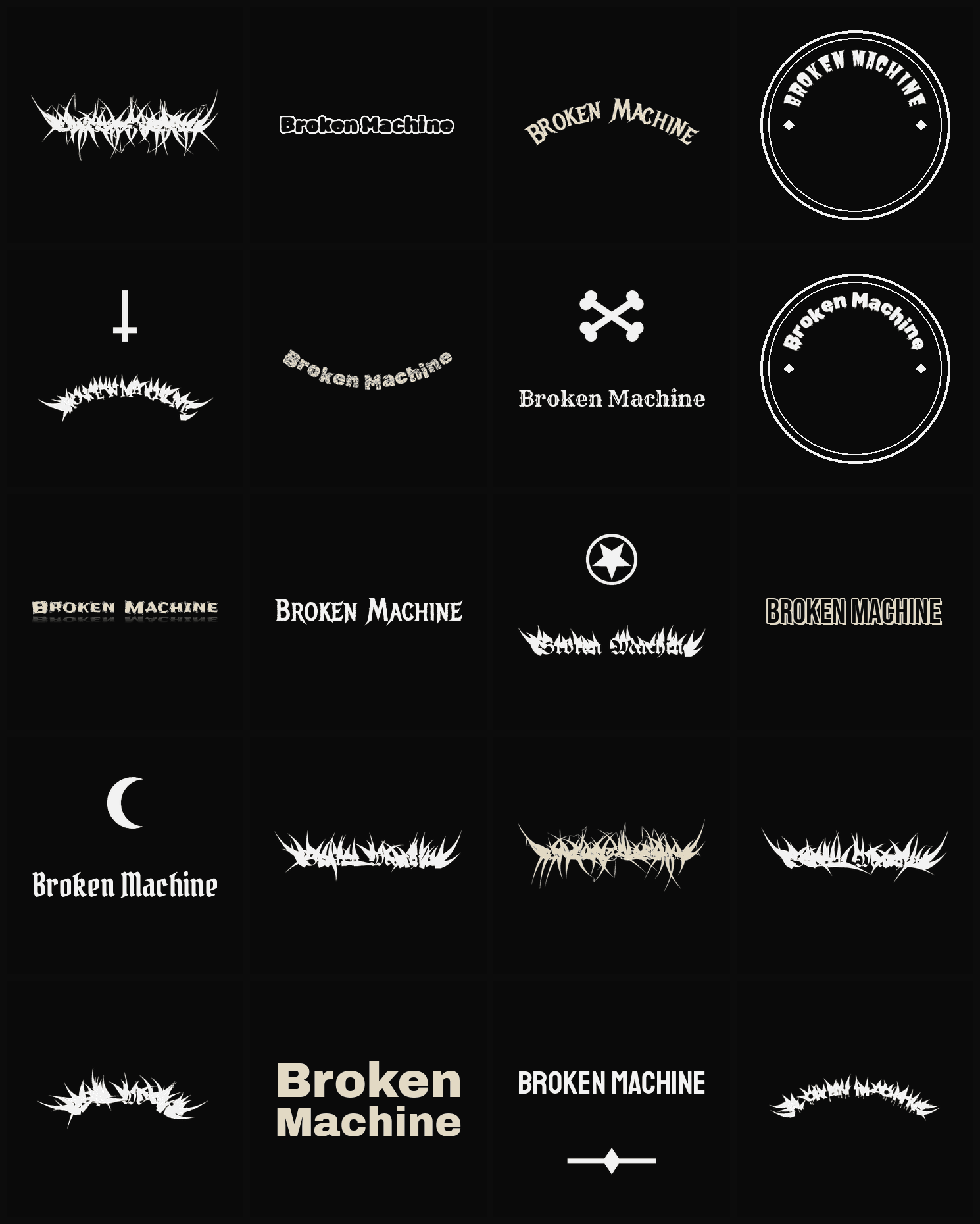 Twenty Broken Machine band logo ideas — different faces, treatments and spike settings