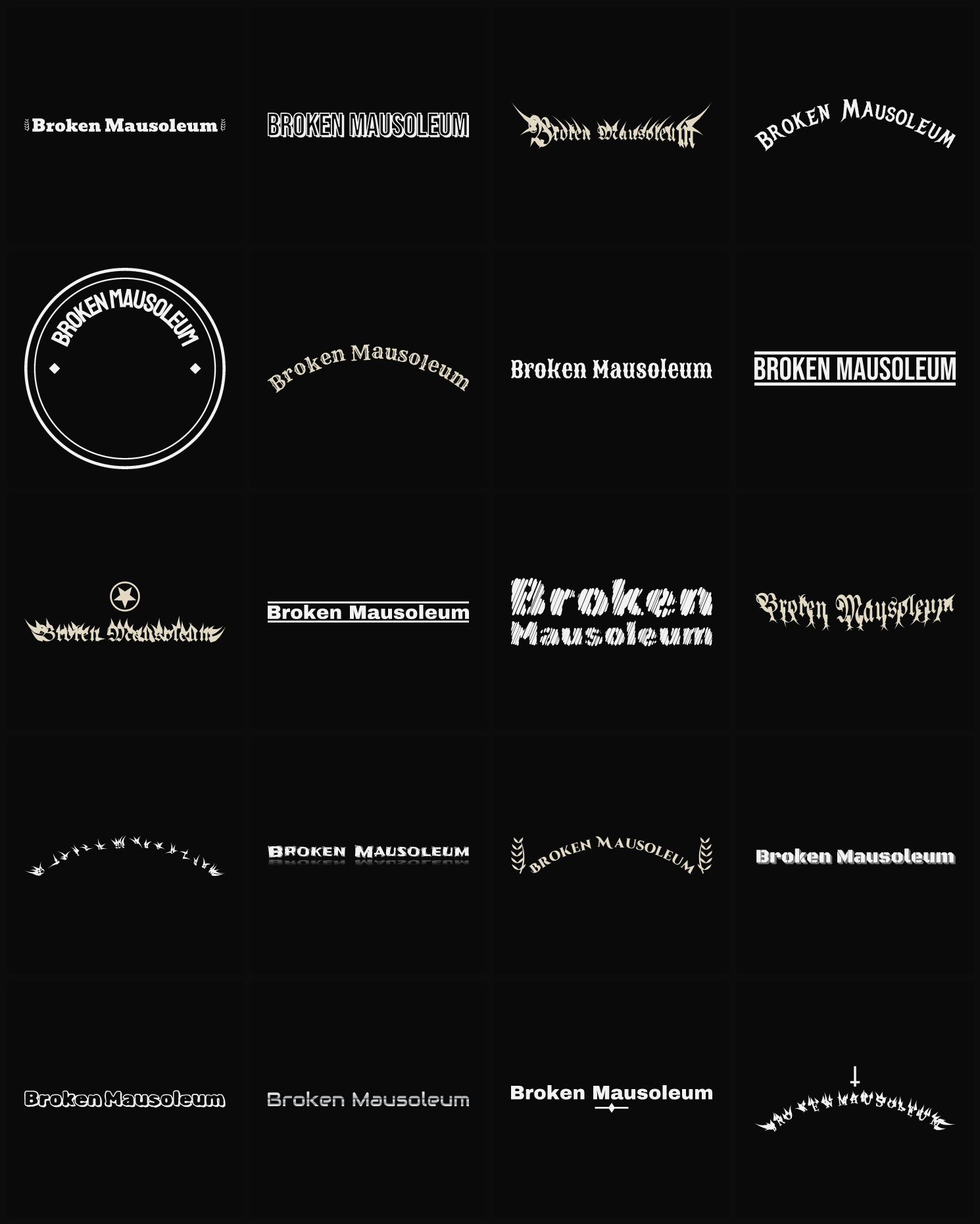 Twenty Broken Mausoleum band logo ideas — different faces, treatments and spike settings