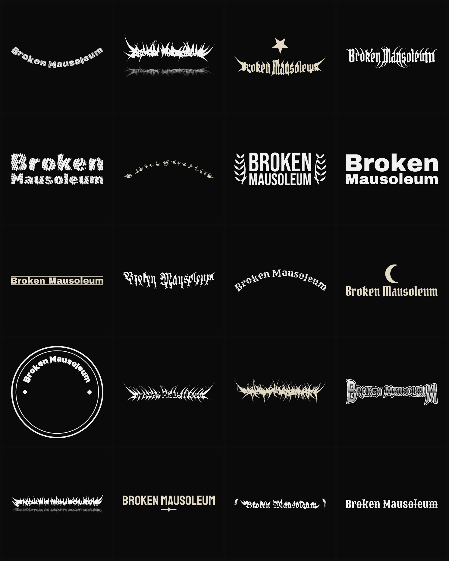 Twenty Broken Mausoleum band logo ideas — different faces, treatments and spike settings