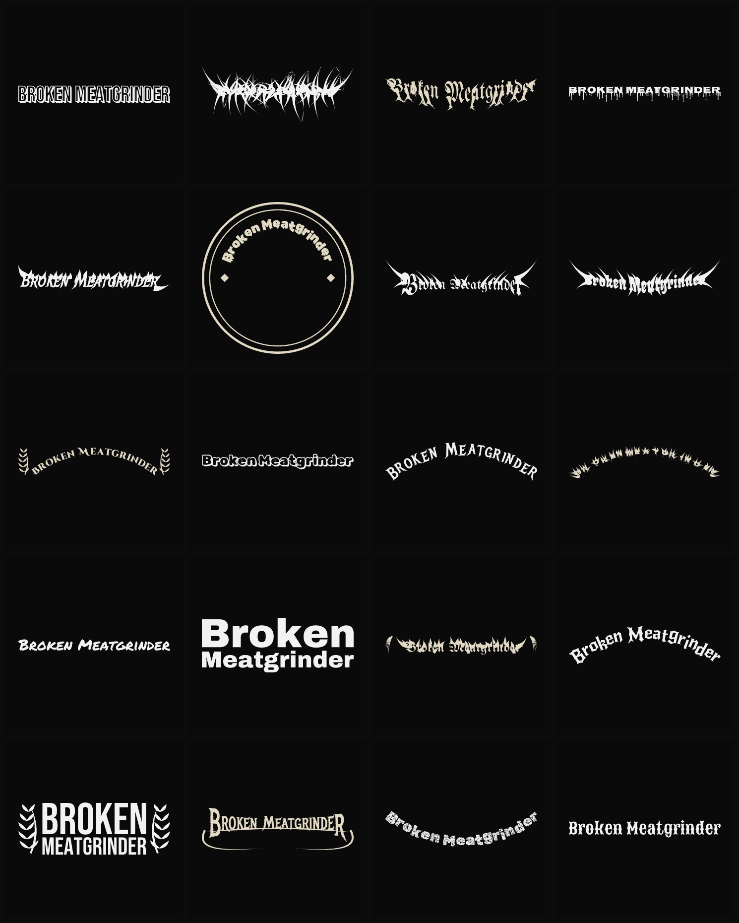 Twenty Broken Meatgrinder band logo ideas — different faces, treatments and spike settings