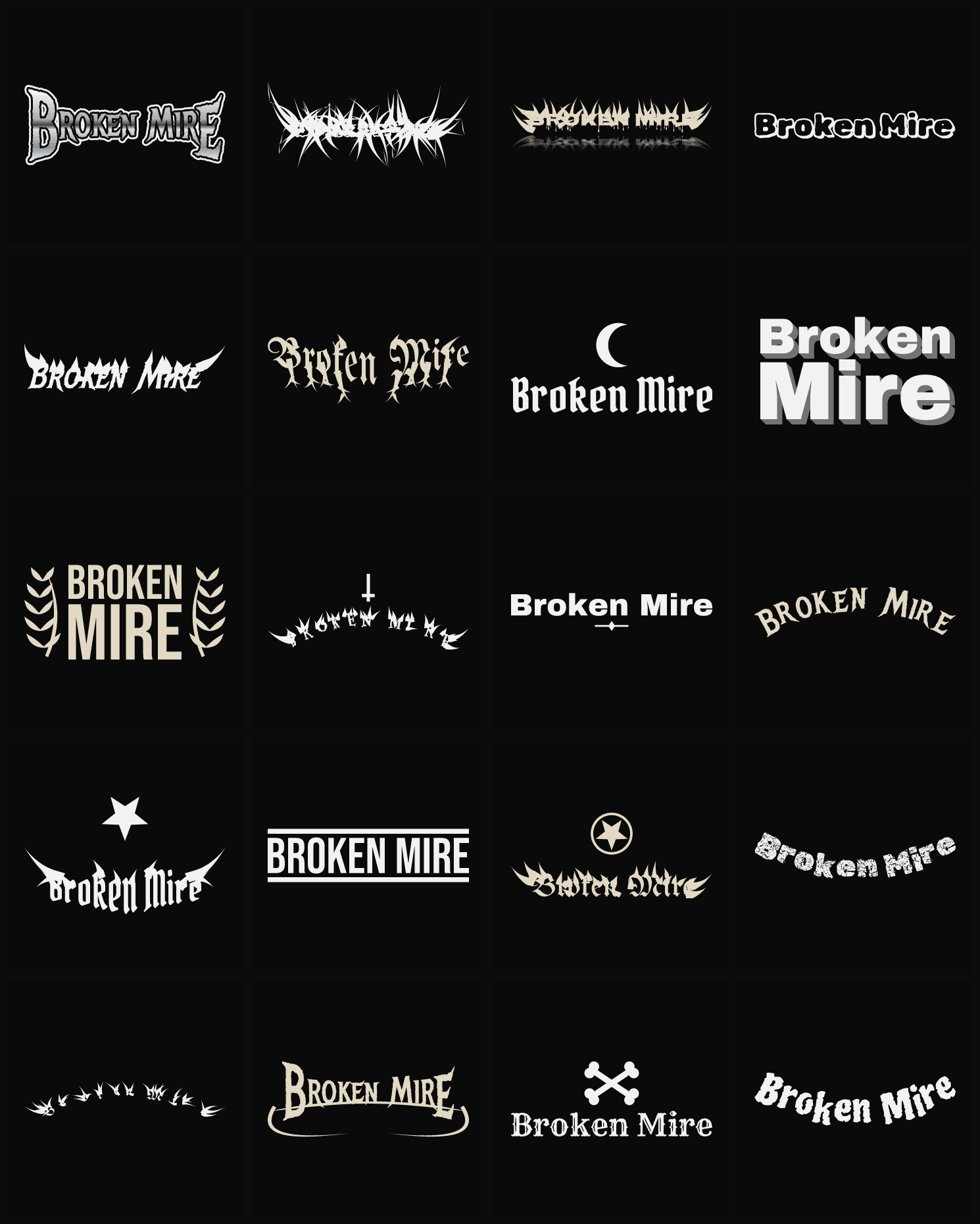 Twenty Broken Mire band logo ideas — different faces, treatments and spike settings