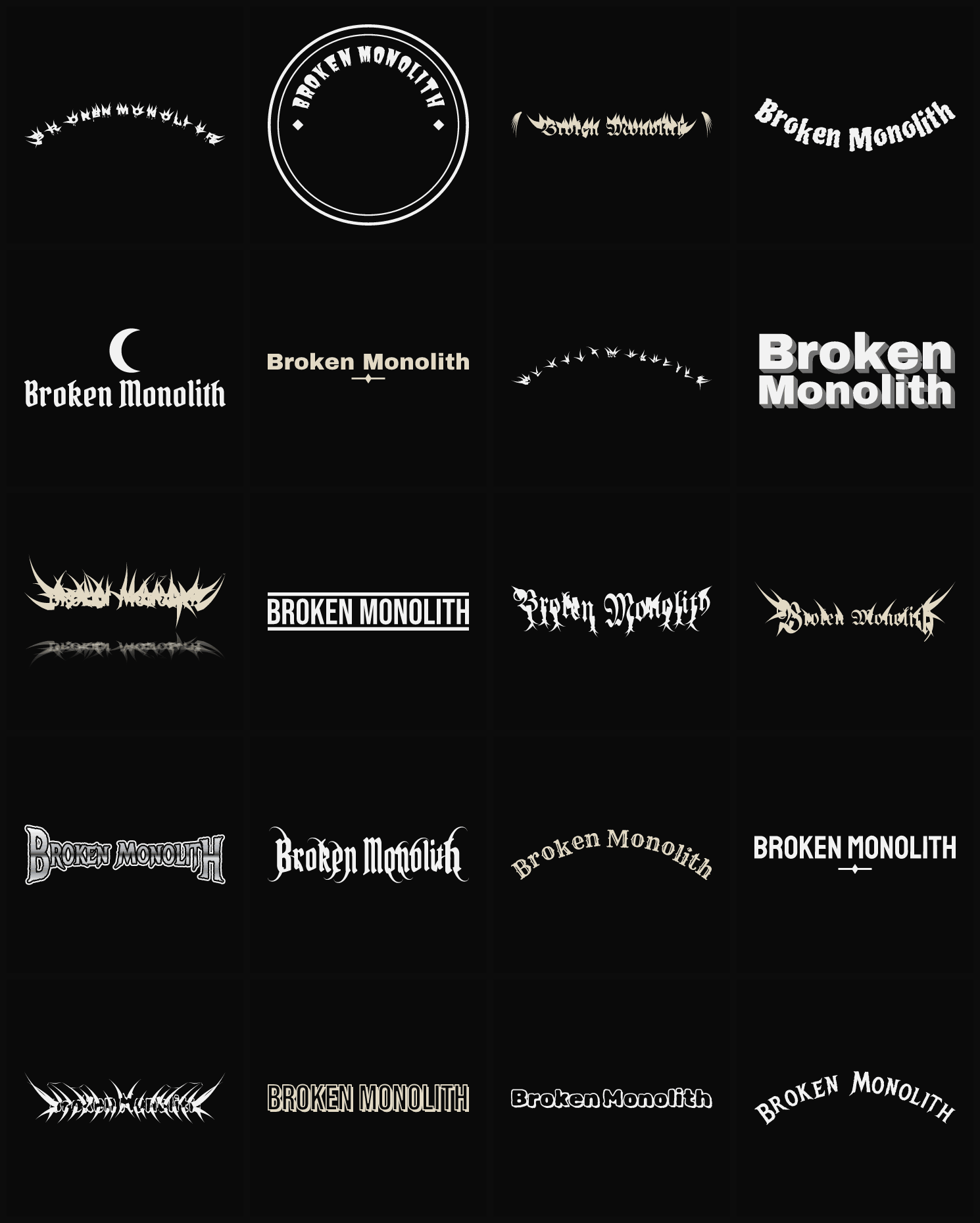 Twenty Broken Monolith band logo ideas — different faces, treatments and spike settings