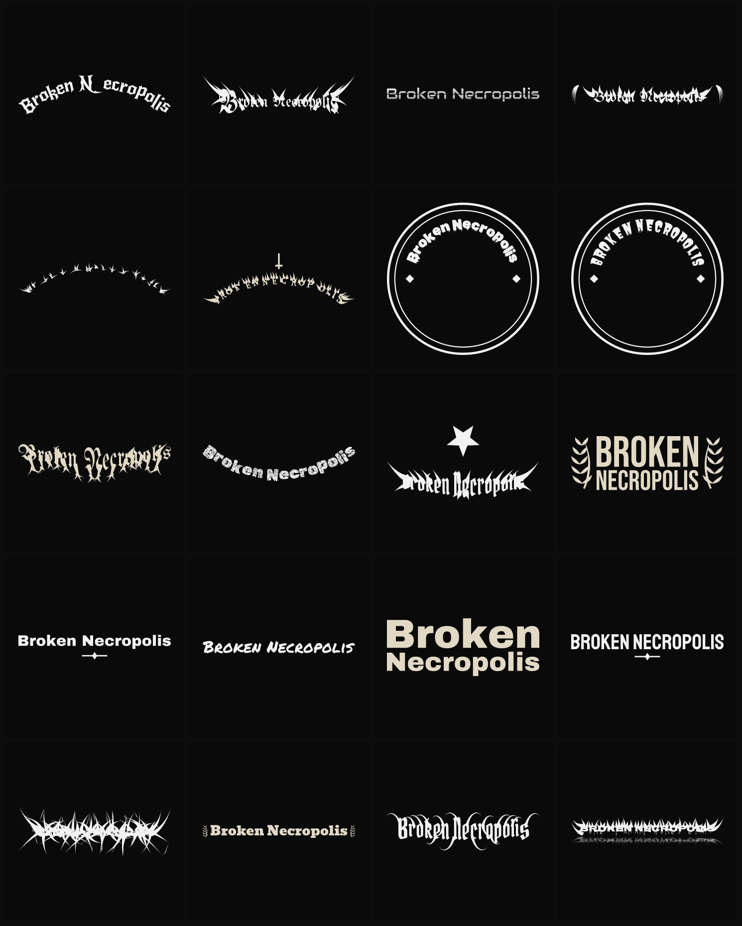 Twenty Broken Necropolis band logo ideas — different faces, treatments and spike settings