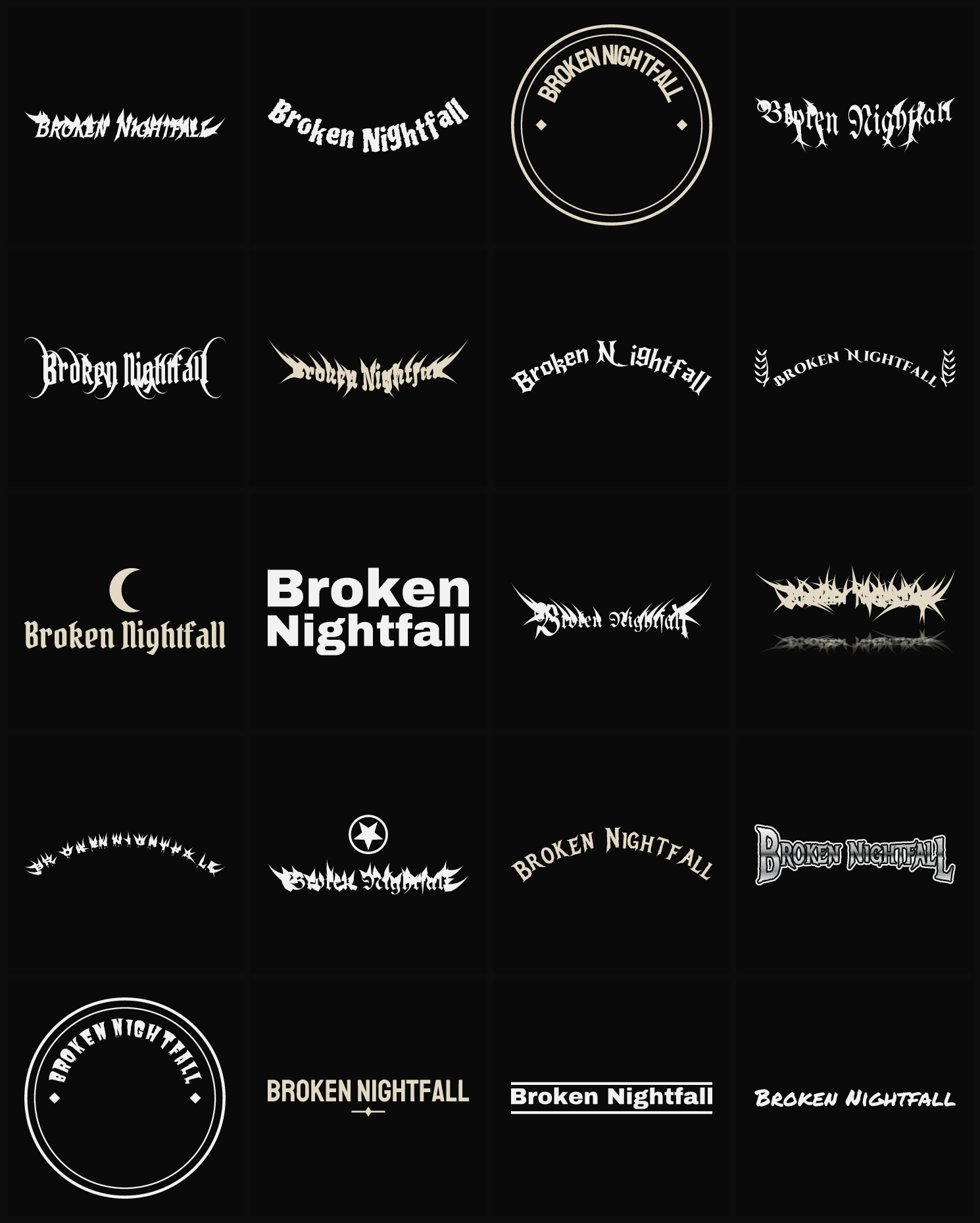 Twenty Broken Nightfall band logo ideas — different faces, treatments and spike settings