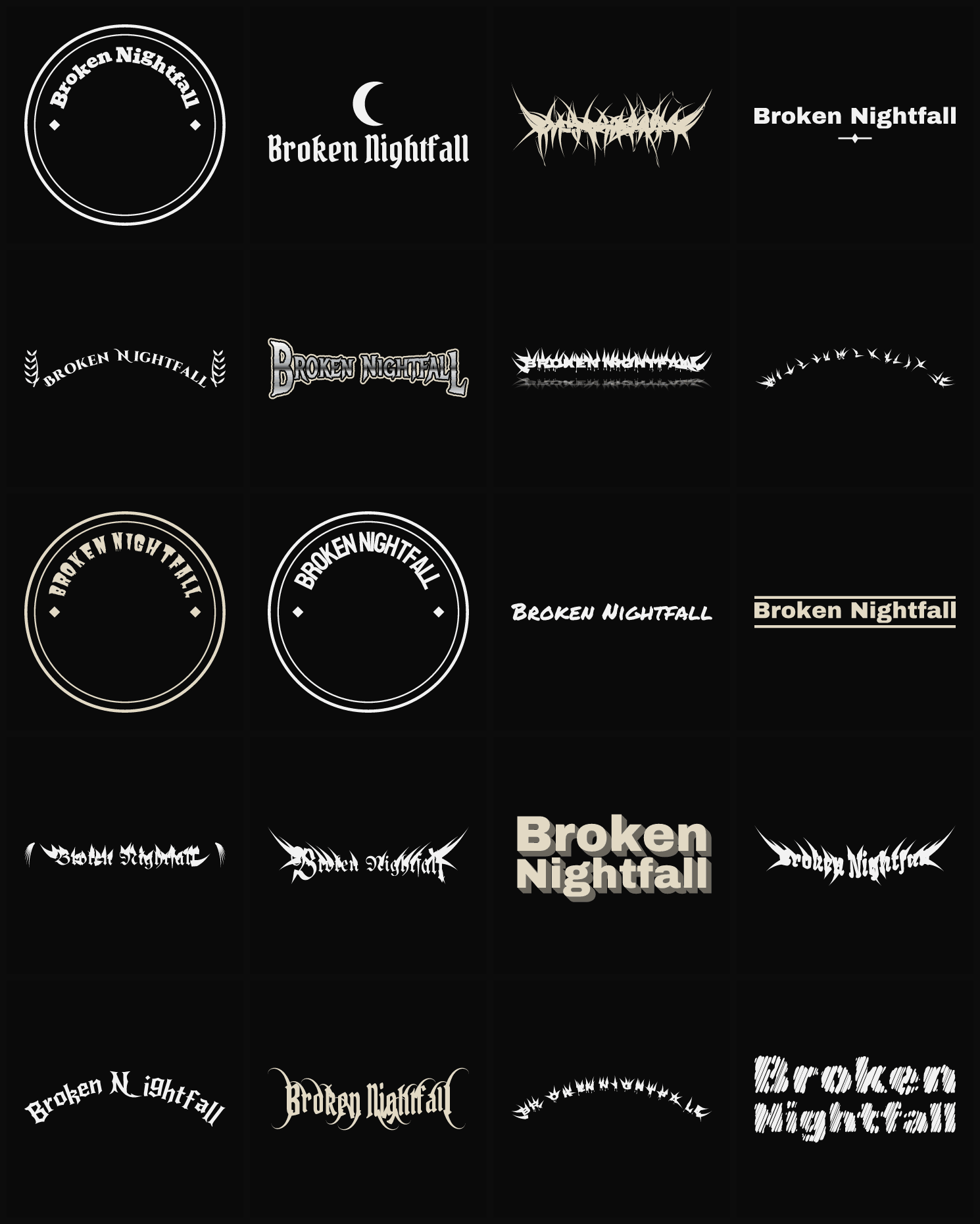 Twenty Broken Nightfall band logo ideas — different faces, treatments and spike settings