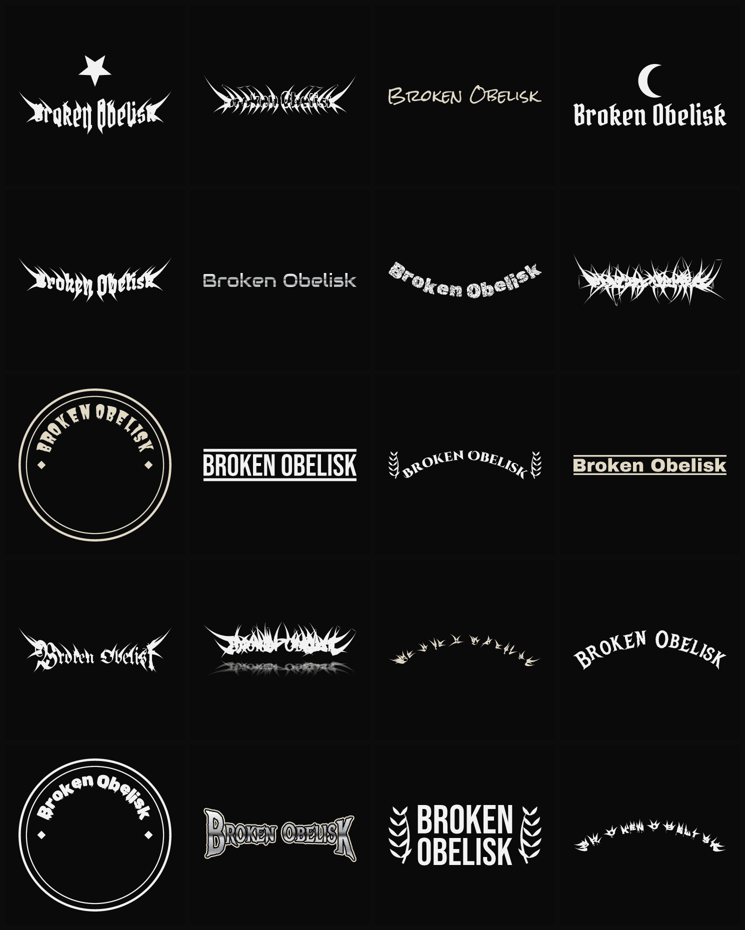 Twenty Broken Obelisk band logo ideas — different faces, treatments and spike settings