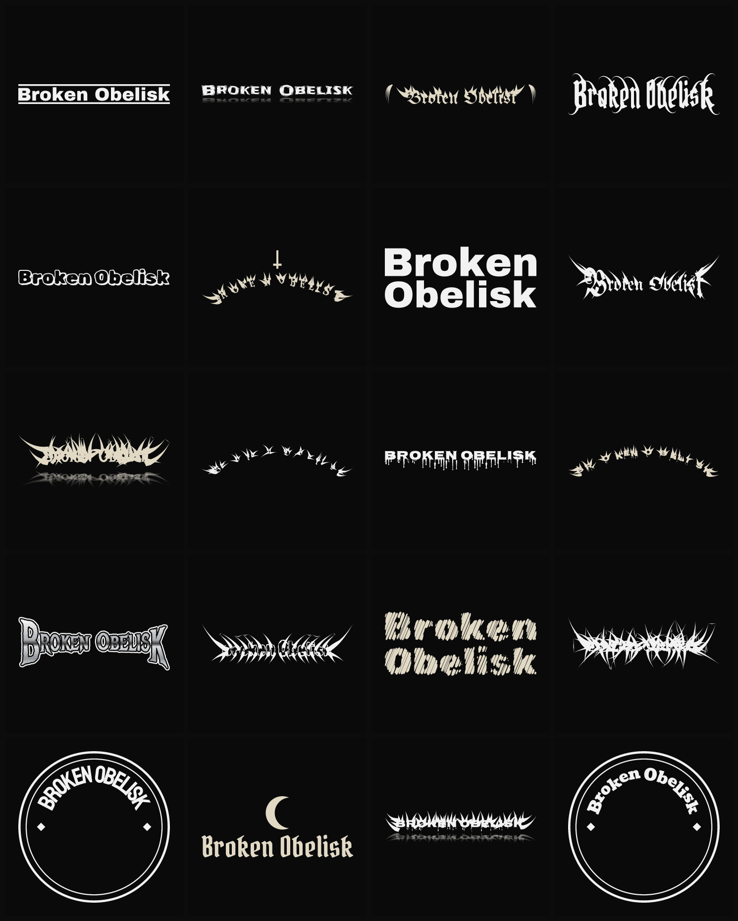 Twenty Broken Obelisk band logo ideas — different faces, treatments and spike settings