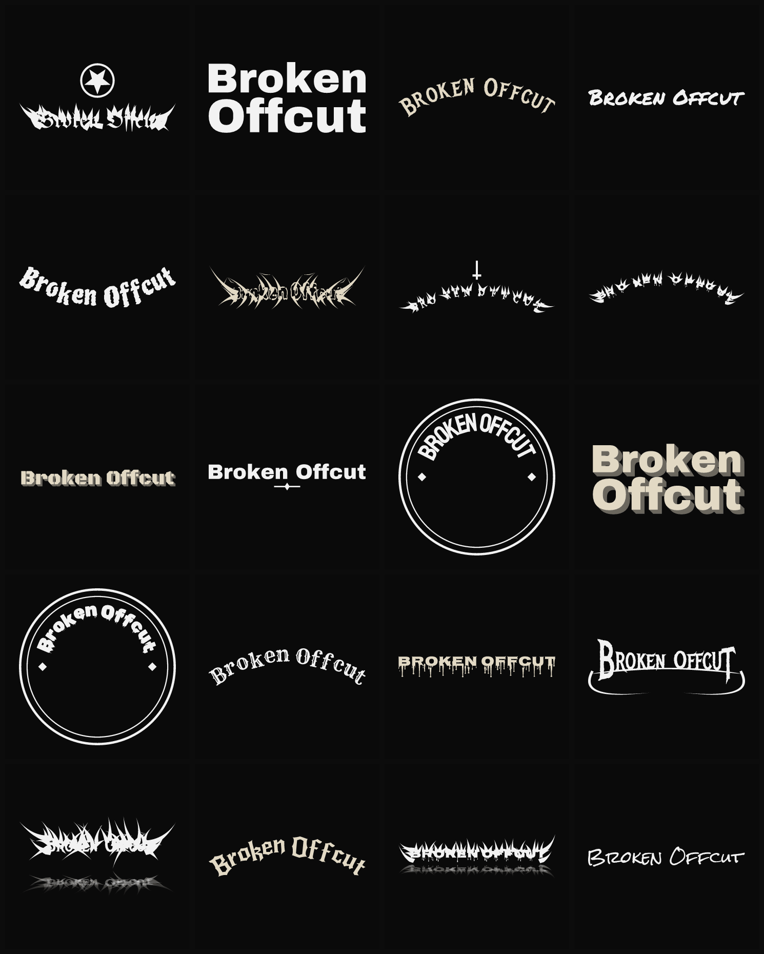 Twenty Broken Offcut band logo ideas — different faces, treatments and spike settings