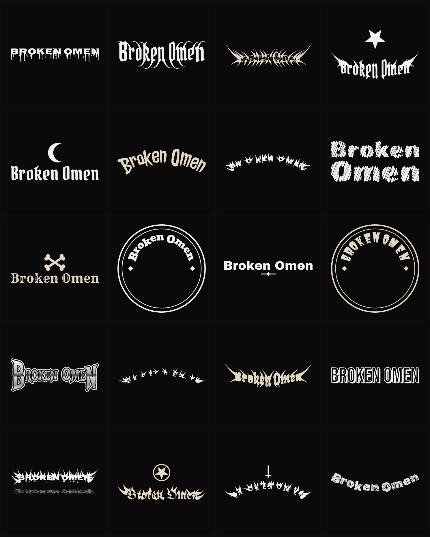 Twenty Broken Omen band logo ideas — different faces, treatments and spike settings