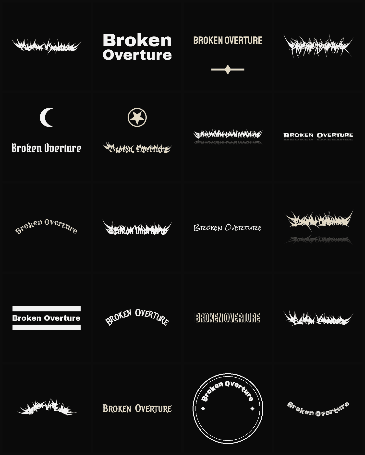 Twenty Broken Overture band logo ideas — different faces, treatments and spike settings