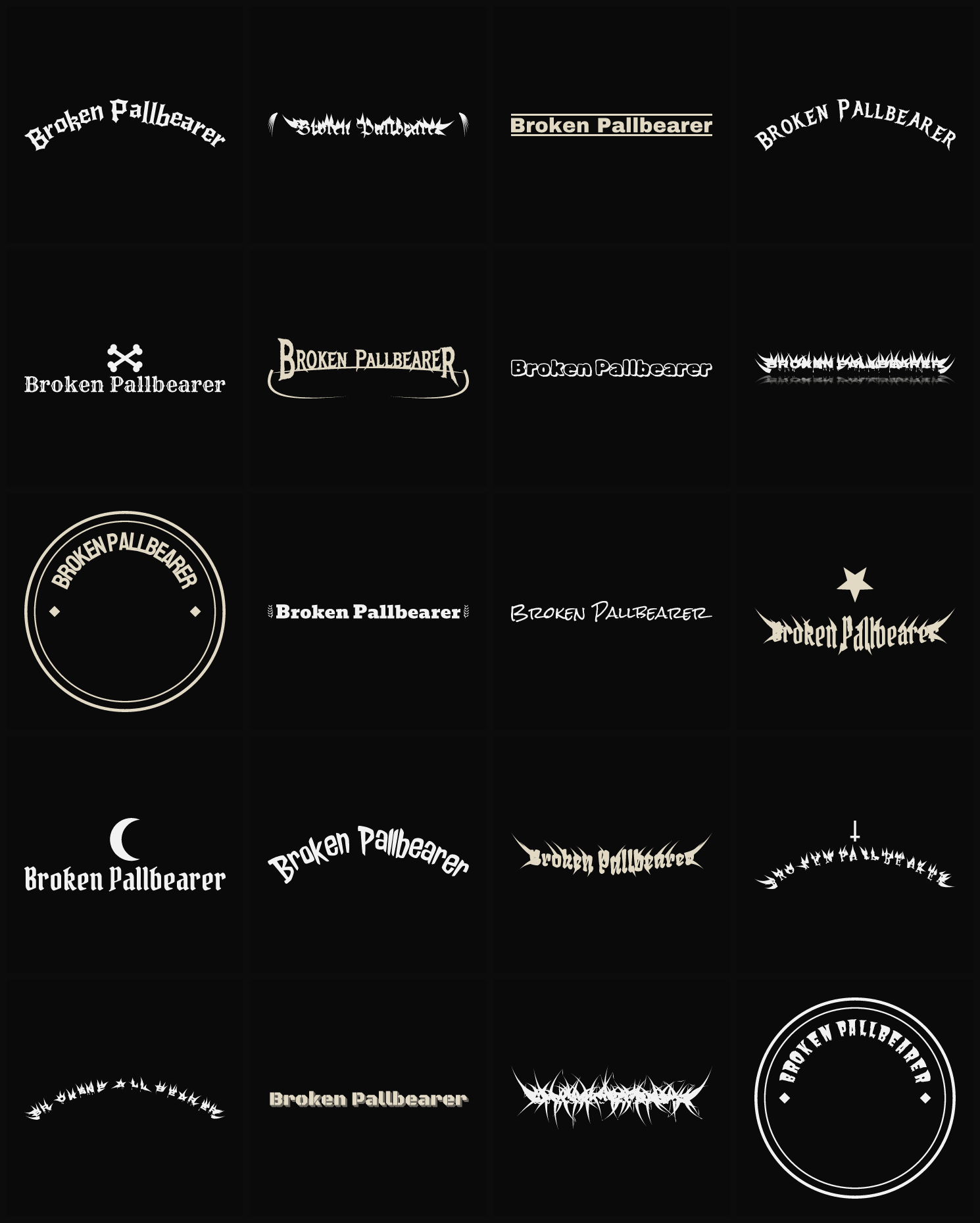 Twenty Broken Pallbearer band logo ideas — different faces, treatments and spike settings