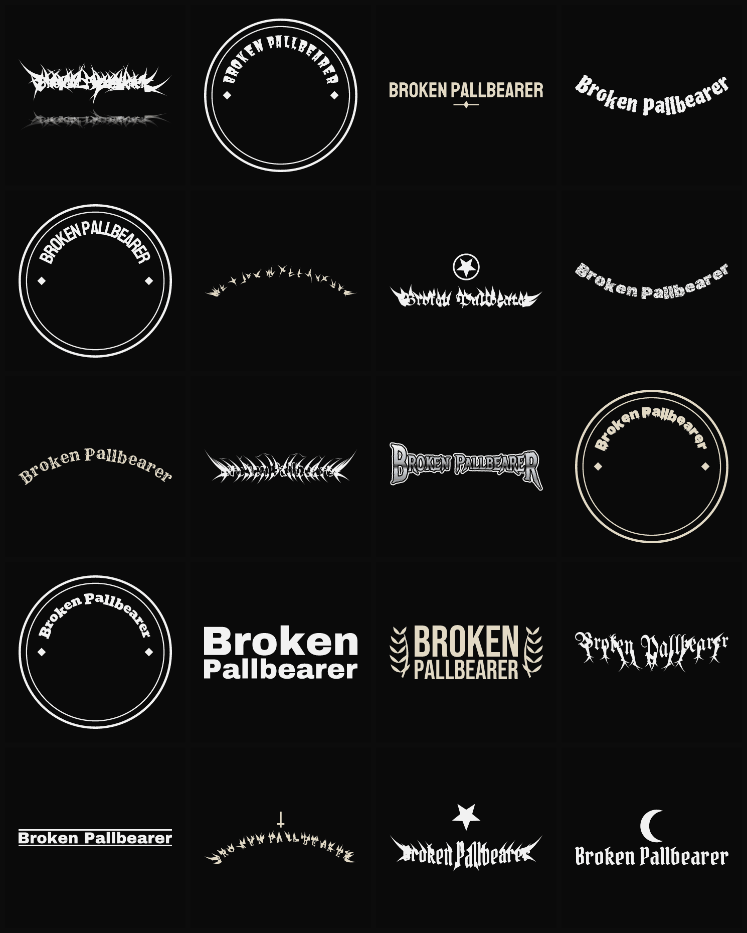 Twenty Broken Pallbearer band logo ideas — different faces, treatments and spike settings