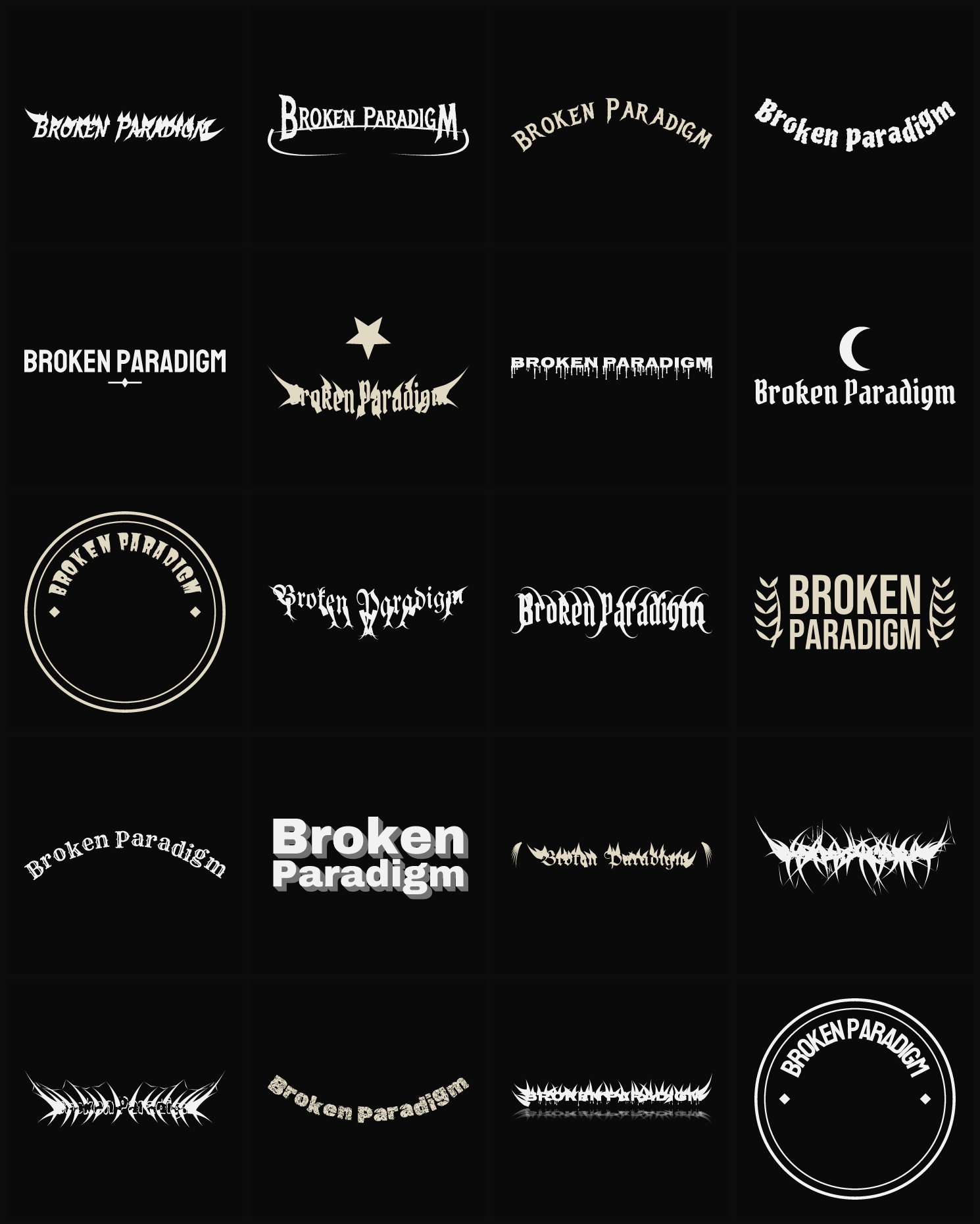 Twenty Broken Paradigm band logo ideas — different faces, treatments and spike settings