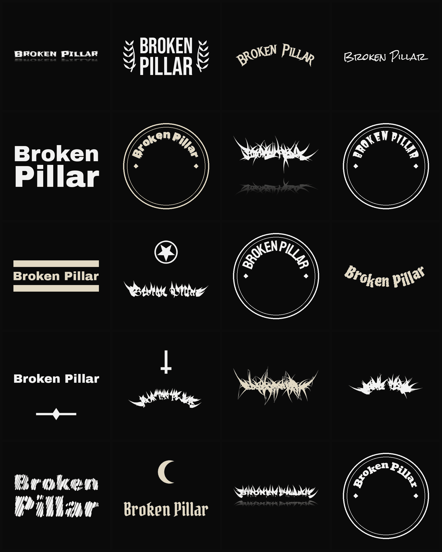 Twenty Broken Pillar band logo ideas — different faces, treatments and spike settings