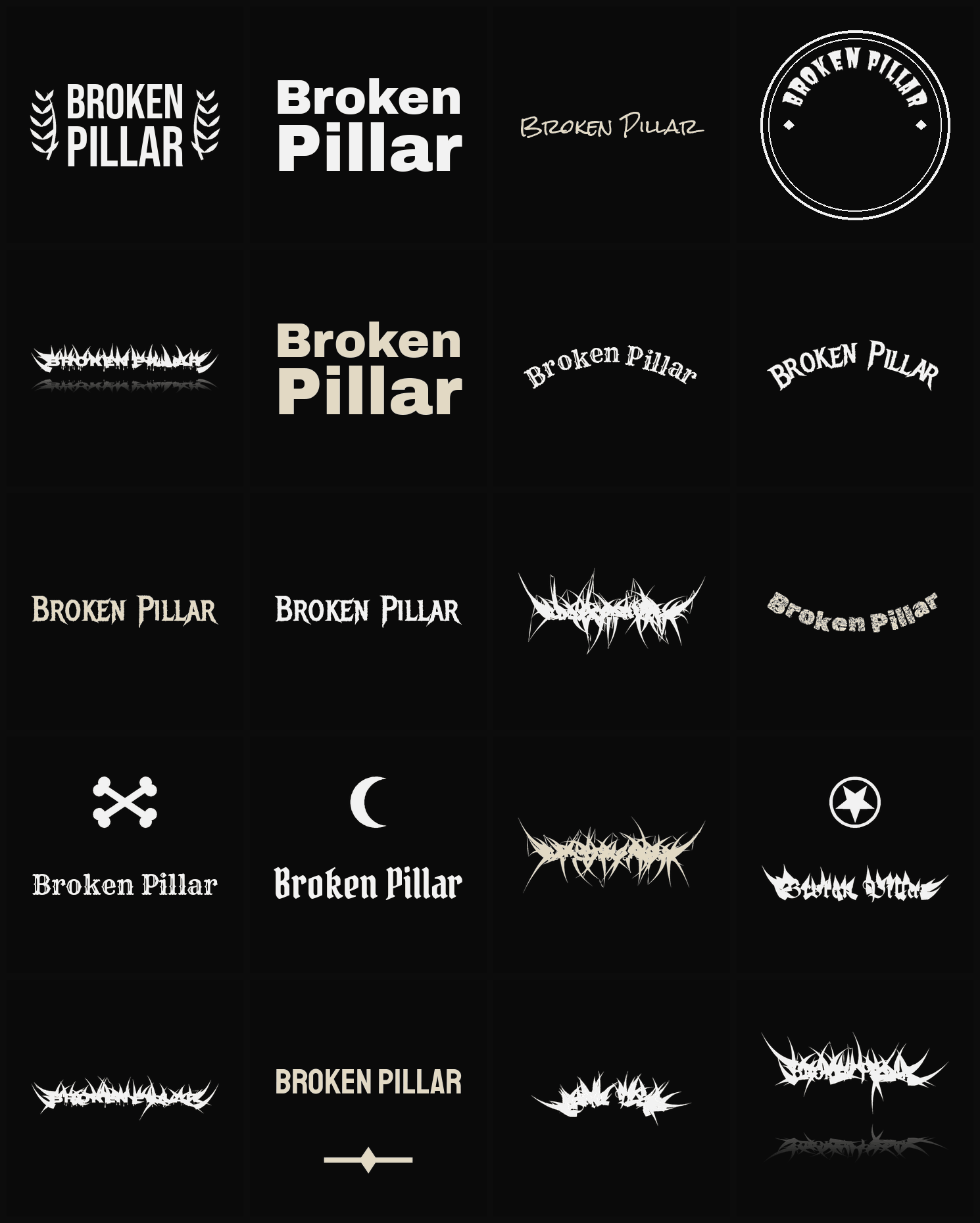 Twenty Broken Pillar band logo ideas — different faces, treatments and spike settings
