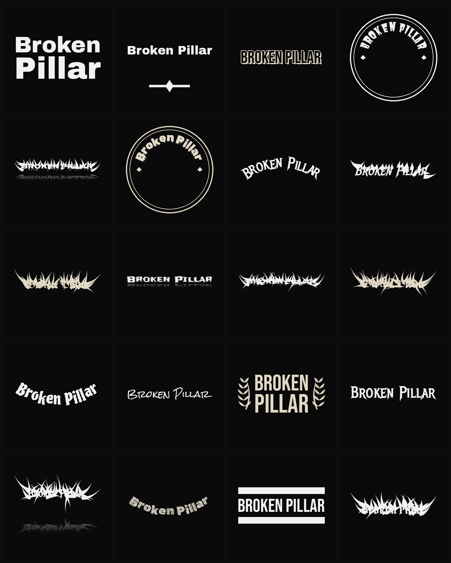 Twenty Broken Pillar band logo ideas — different faces, treatments and spike settings
