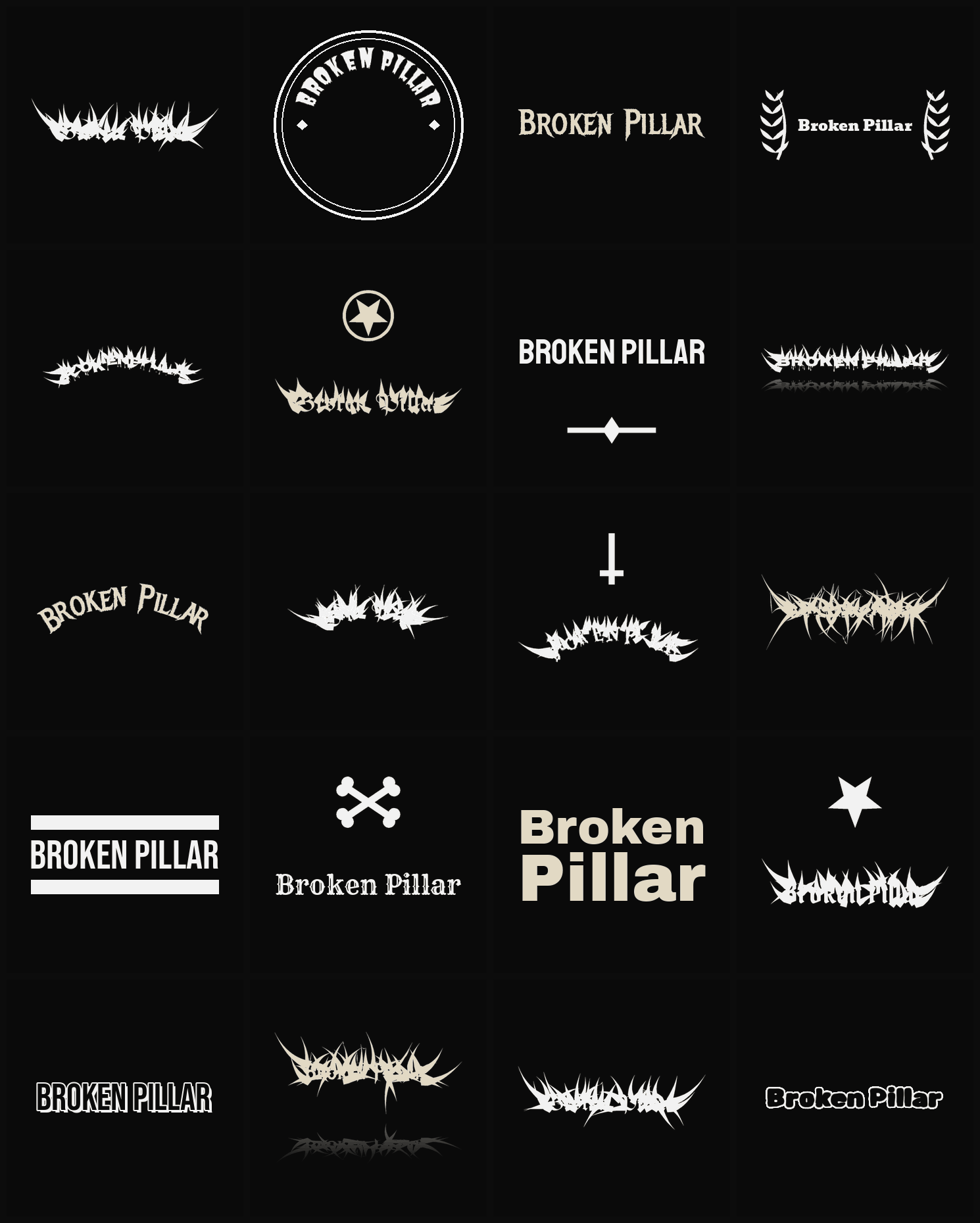 Twenty Broken Pillar band logo ideas — different faces, treatments and spike settings