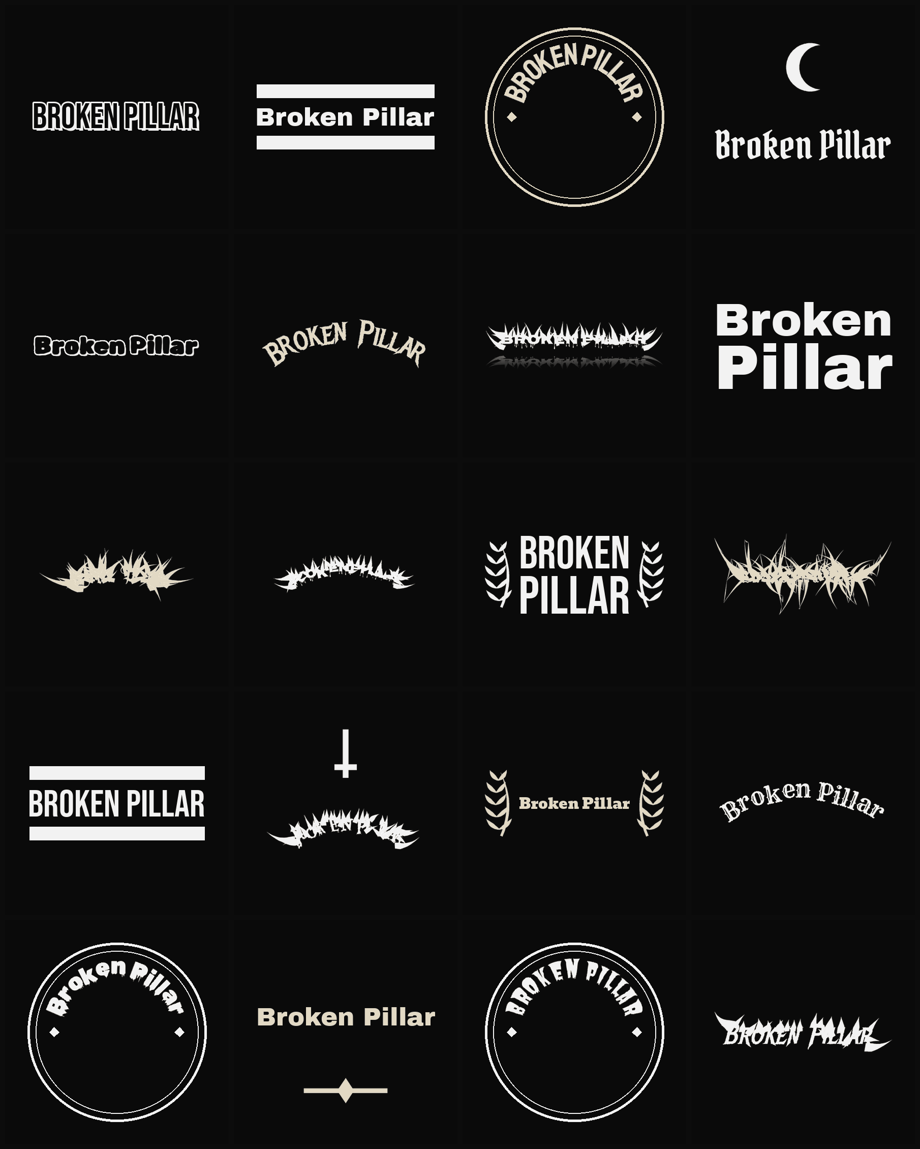 Twenty Broken Pillar band logo ideas — different faces, treatments and spike settings