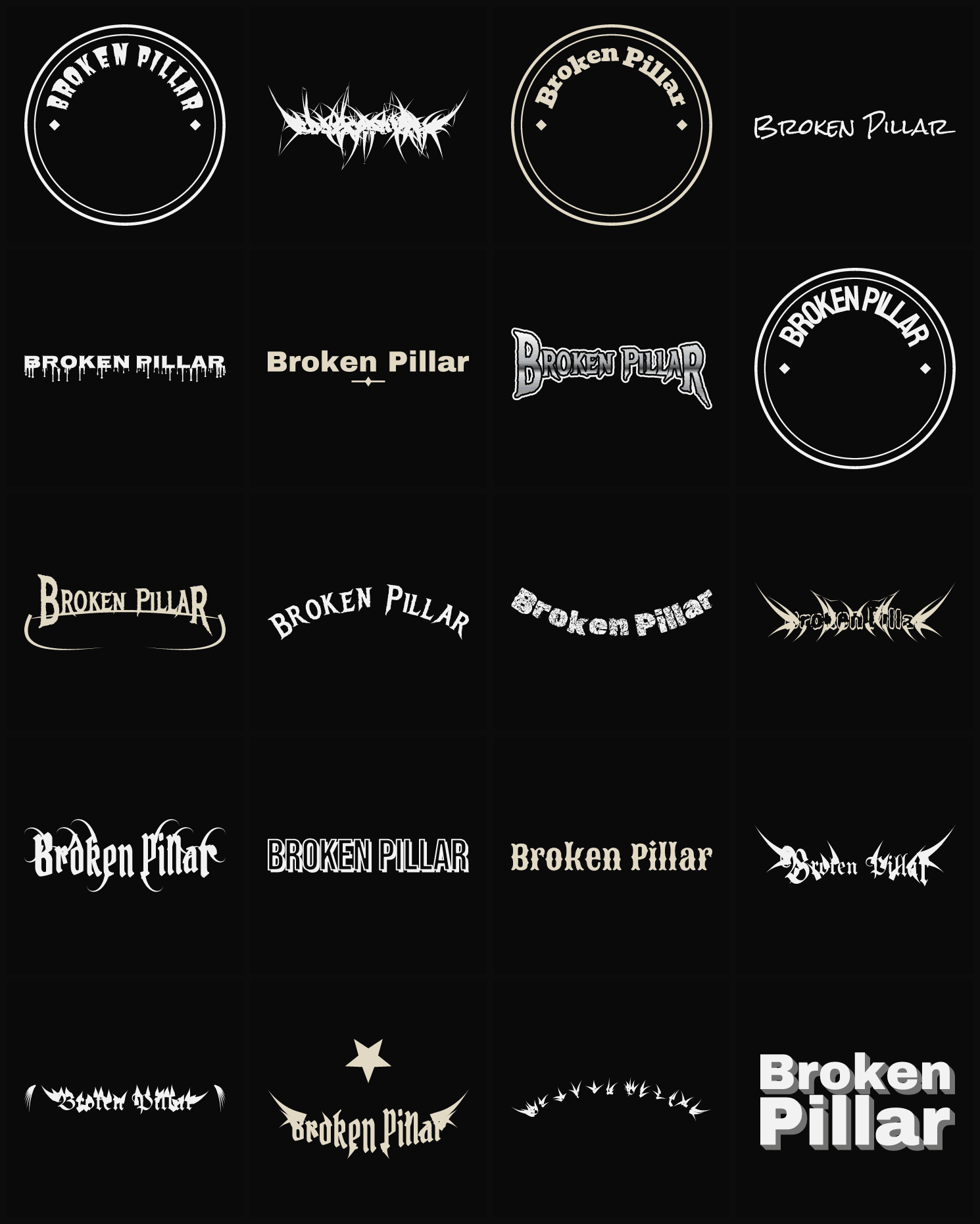 Twenty Broken Pillar band logo ideas — different faces, treatments and spike settings