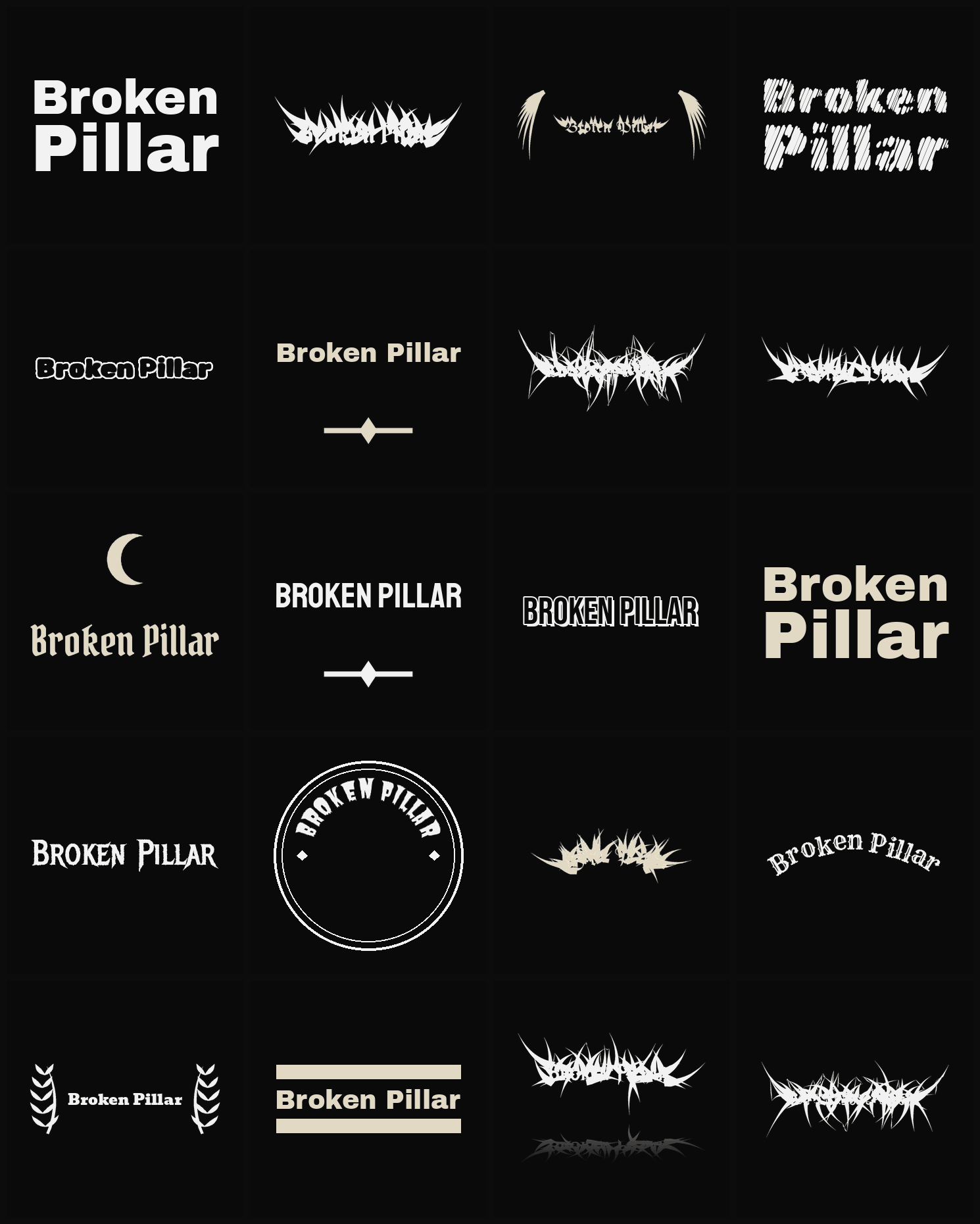 Twenty Broken Pillar band logo ideas — different faces, treatments and spike settings