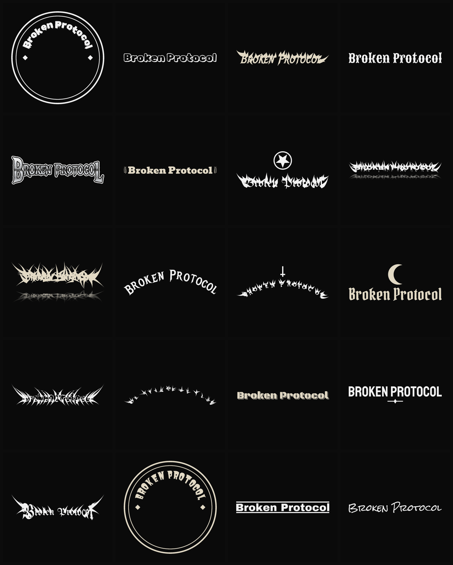 Twenty Broken Protocol band logo ideas — different faces, treatments and spike settings