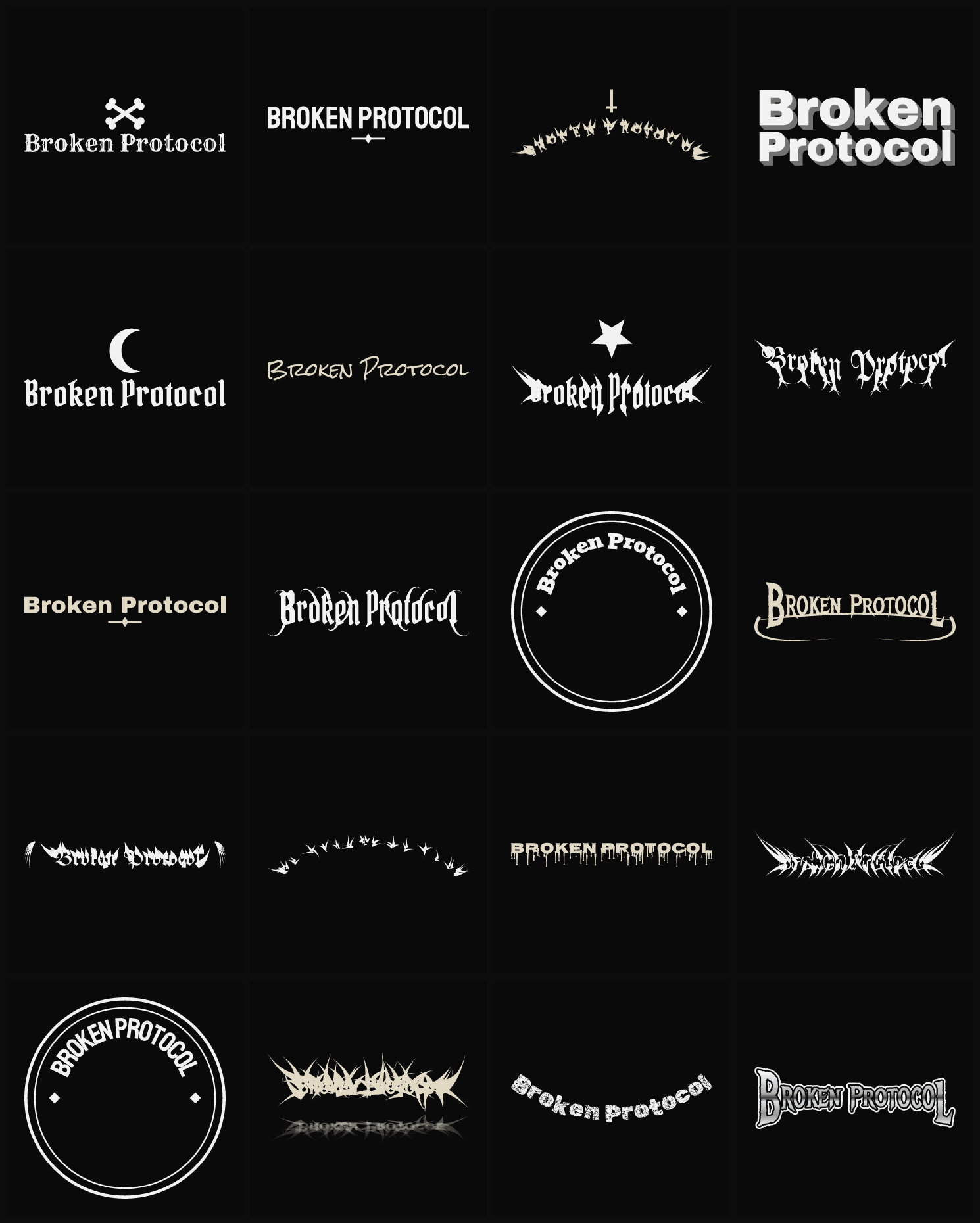 Twenty Broken Protocol band logo ideas — different faces, treatments and spike settings