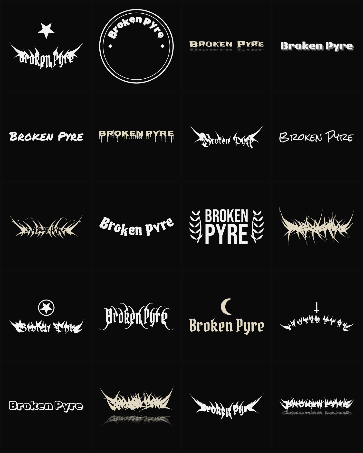 Twenty Broken Pyre band logo ideas — different faces, treatments and spike settings