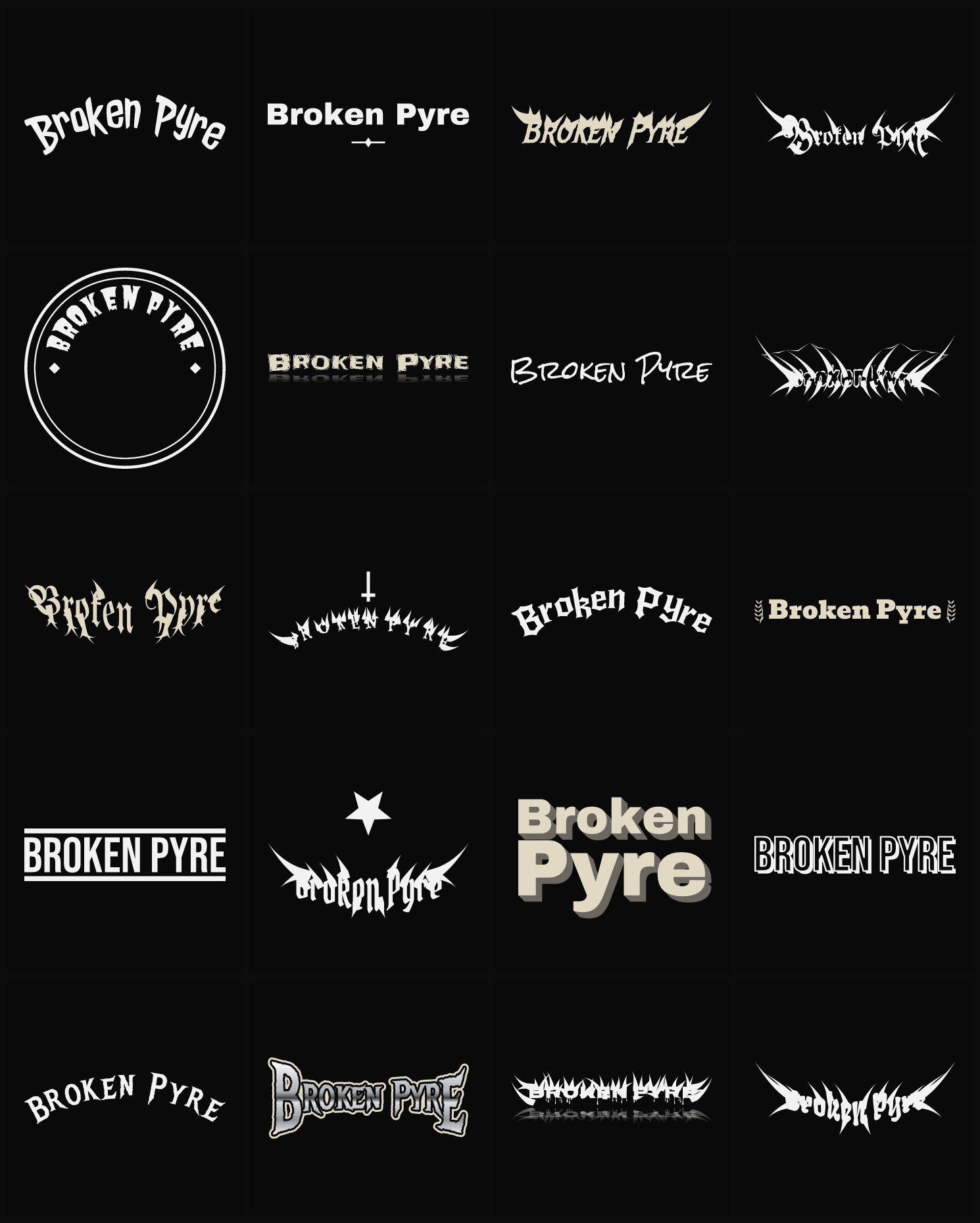 Twenty Broken Pyre band logo ideas — different faces, treatments and spike settings