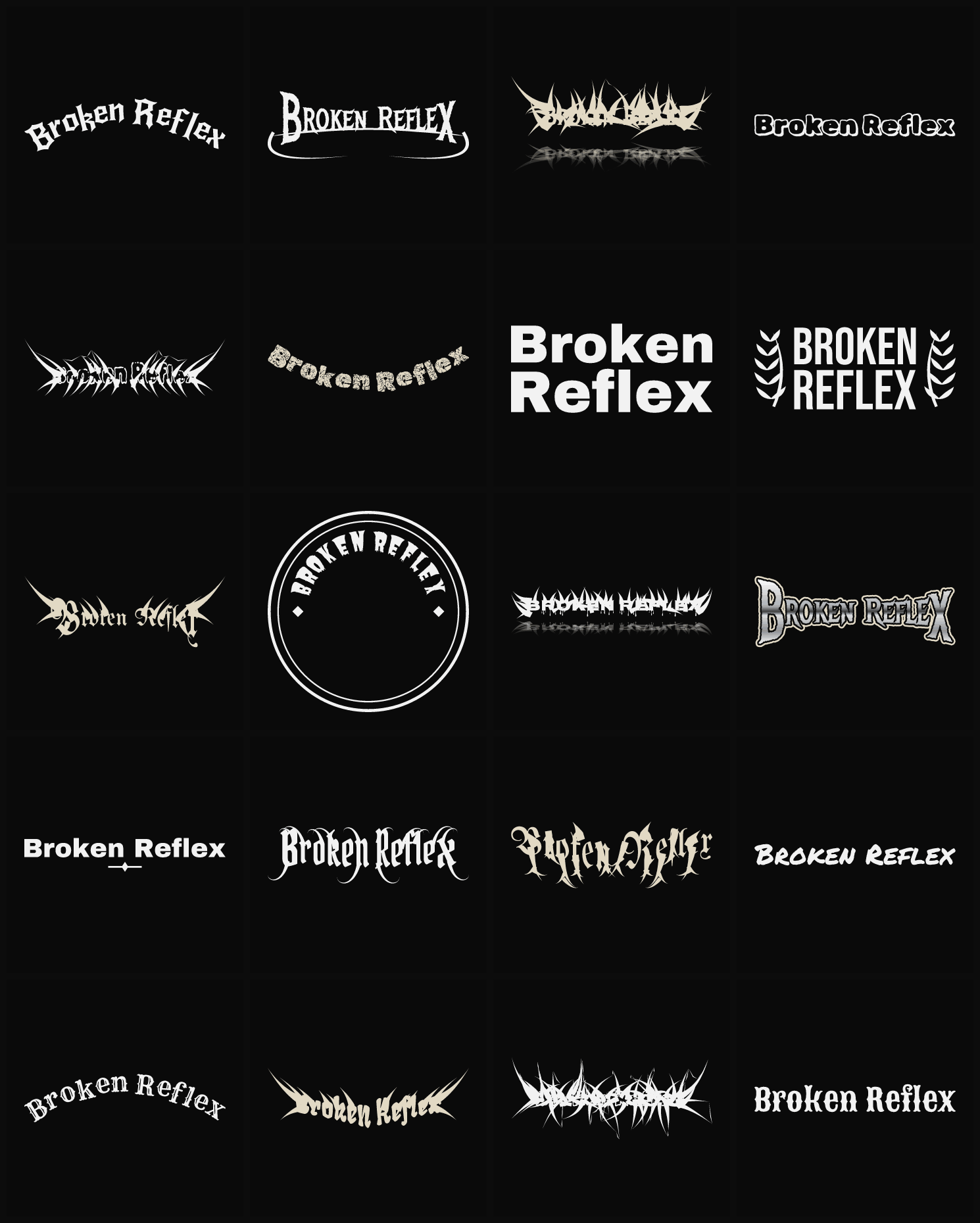 Twenty Broken Reflex band logo ideas — different faces, treatments and spike settings