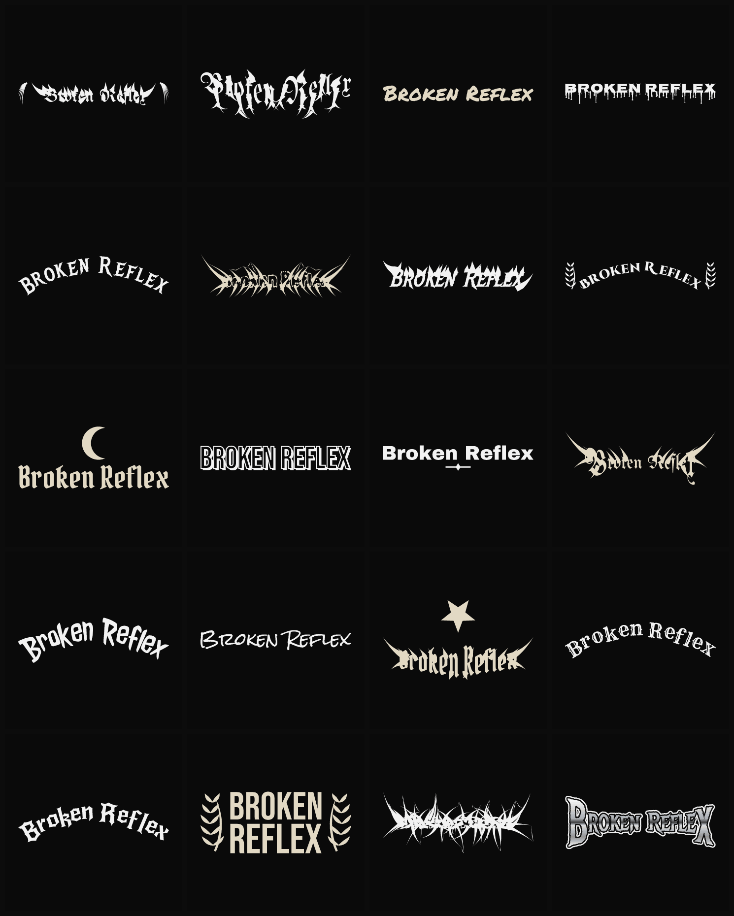 Twenty Broken Reflex band logo ideas — different faces, treatments and spike settings