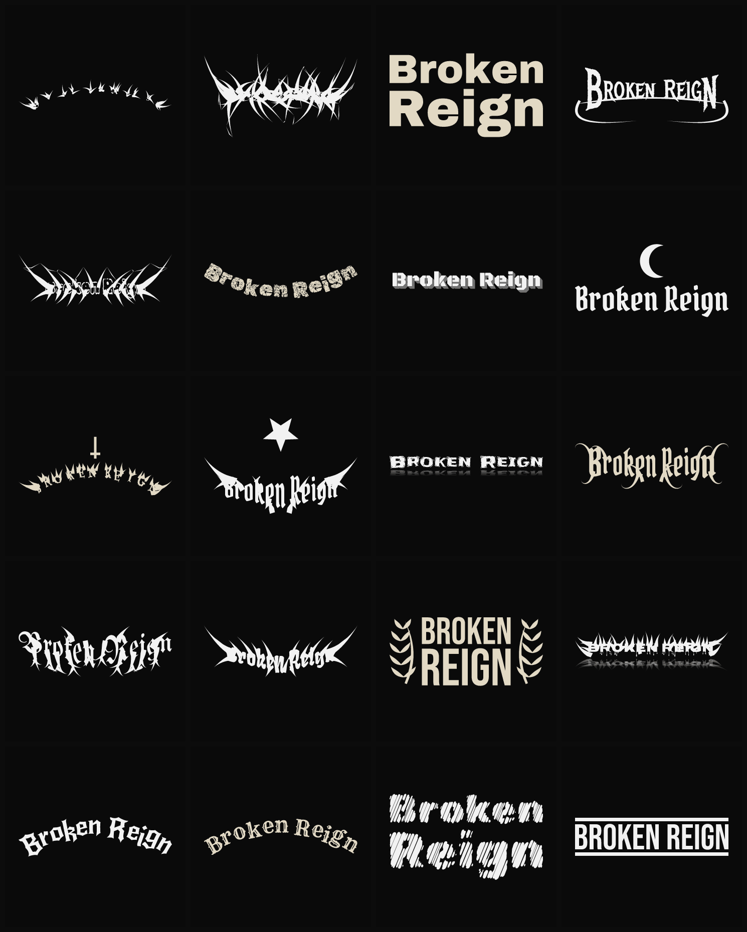 Twenty Broken Reign band logo ideas — different faces, treatments and spike settings