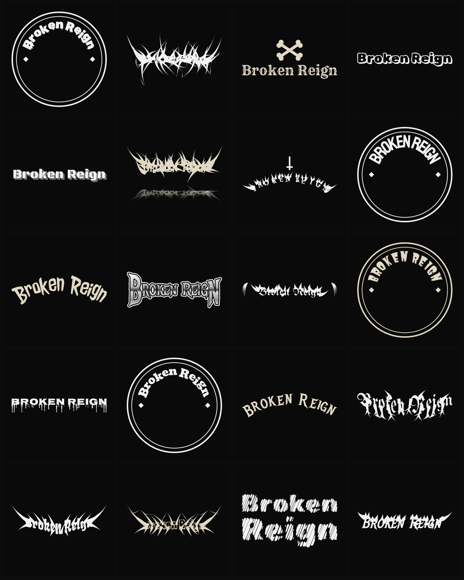Twenty Broken Reign band logo ideas — different faces, treatments and spike settings