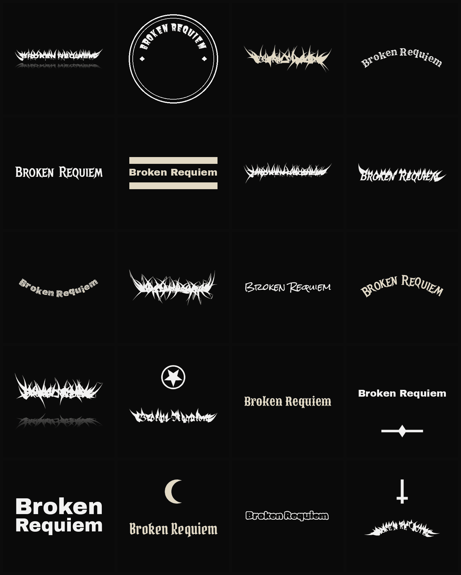 Twenty Broken Requiem band logo ideas — different faces, treatments and spike settings