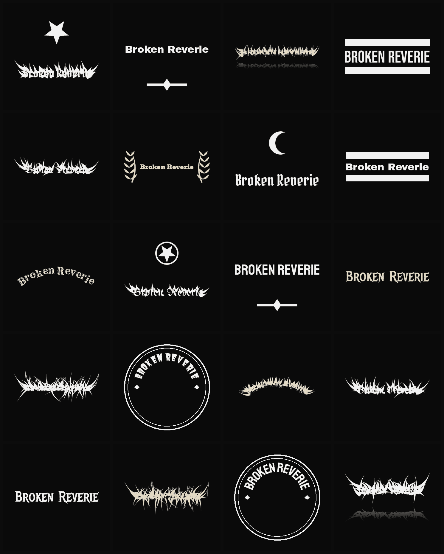 Twenty Broken Reverie band logo ideas — different faces, treatments and spike settings