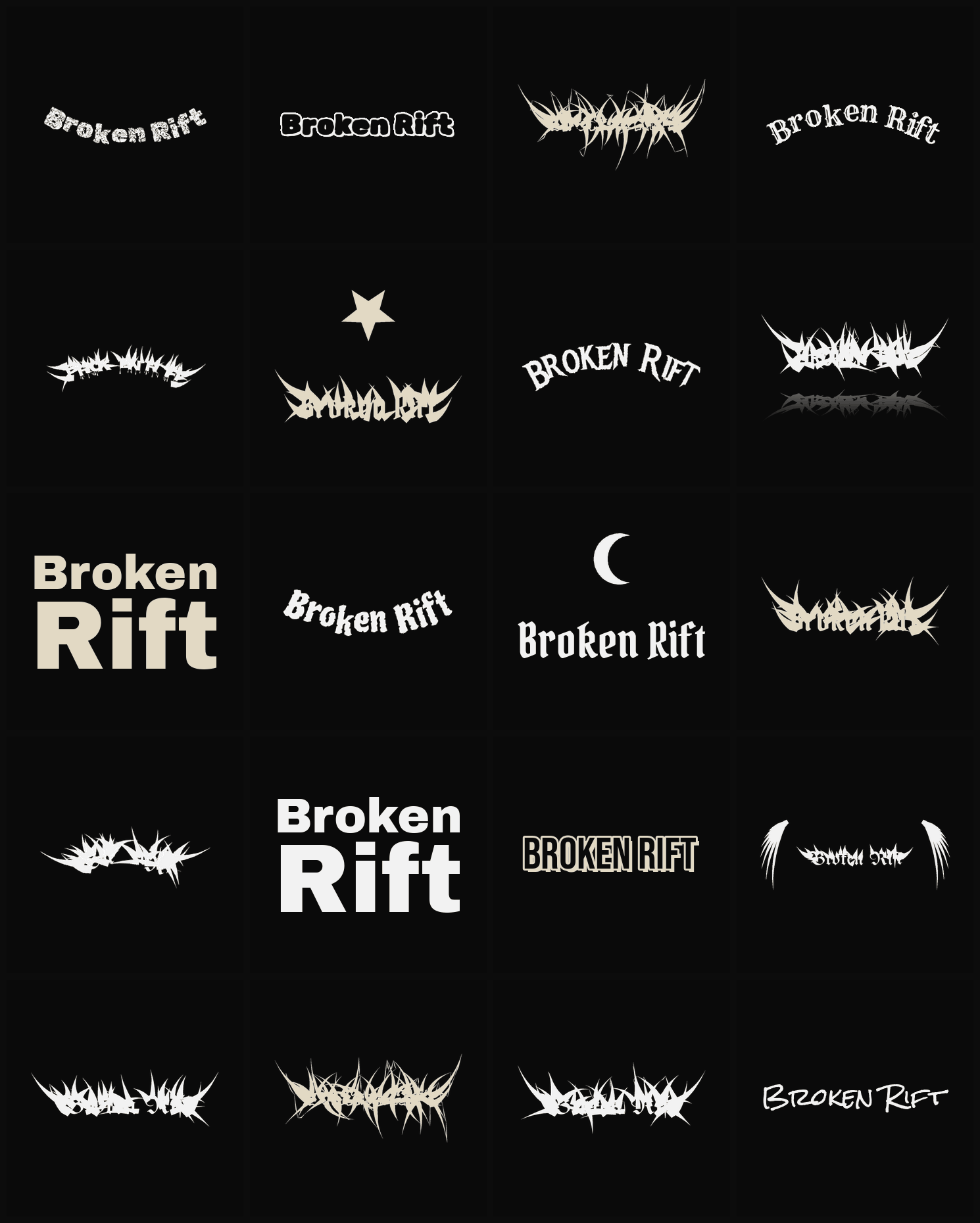 Twenty Broken Rift band logo ideas — different faces, treatments and spike settings